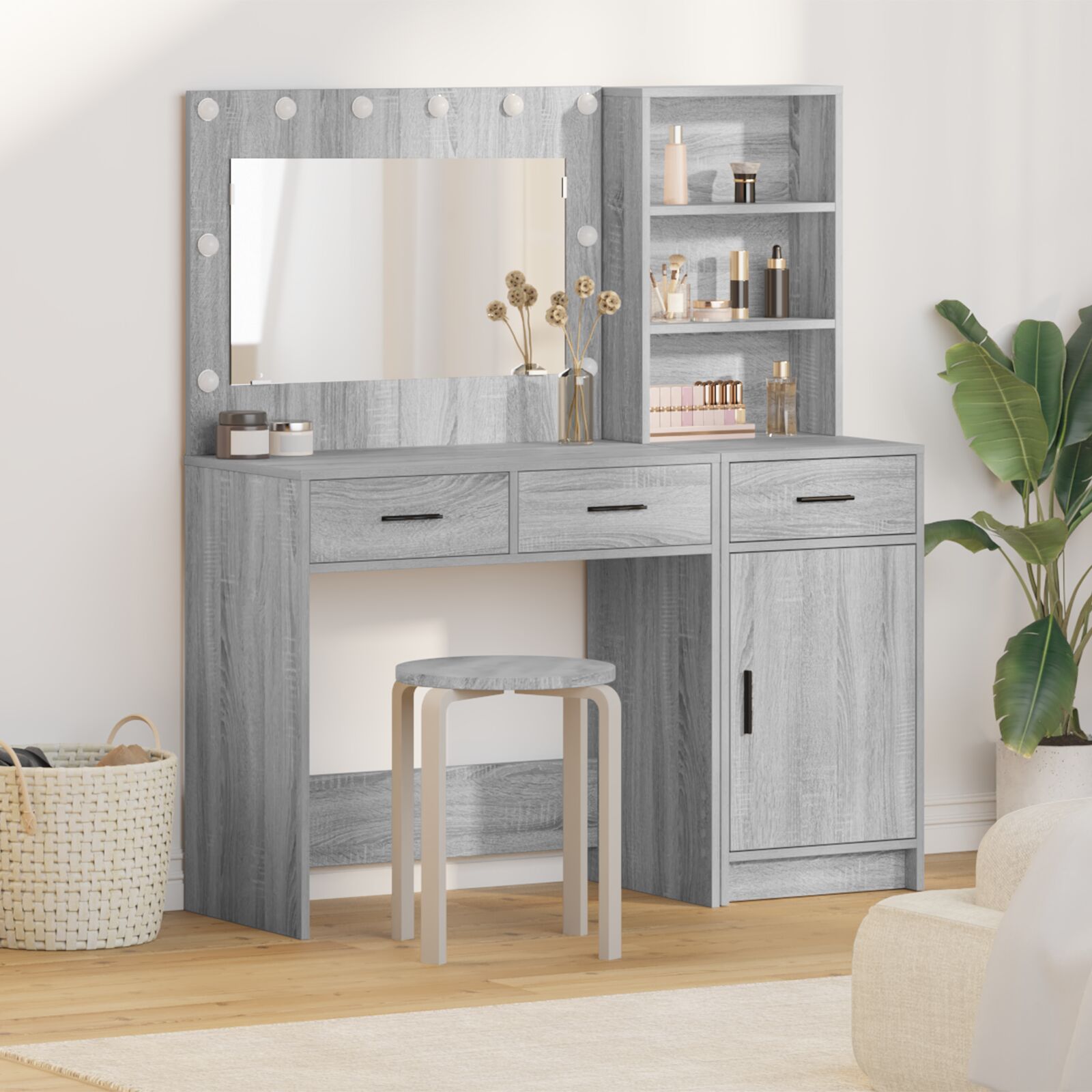 vidaXL 2-teiliges Schminktisch-Set mit LED Grau Sonoma Holzwerkstoff