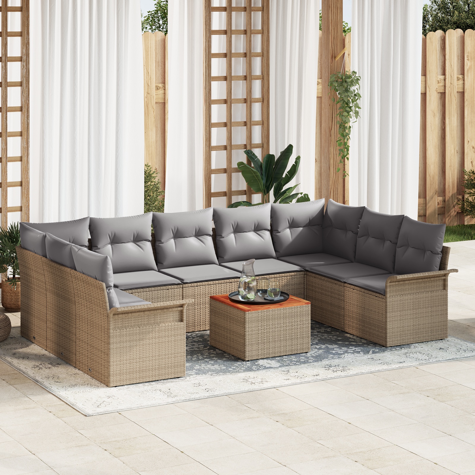 vidaXL 10-teilige Garten Sofa Set mit Kissen Beige Poly Rattan Akazie, vidaXL 2-Sitzer Garten Sofa mit Stauraum & Kissen Beige Poly Rattan