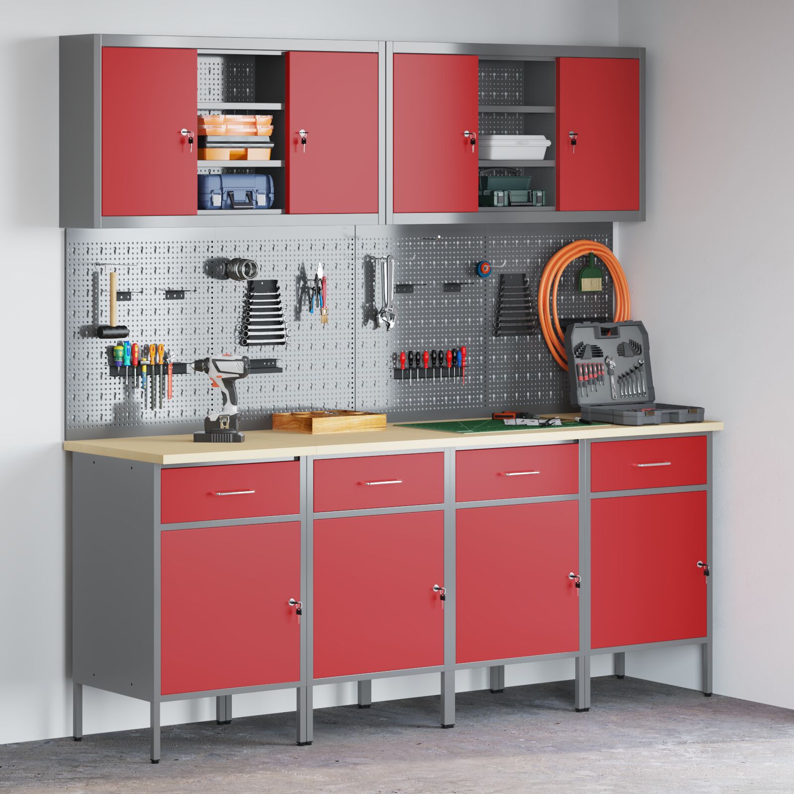 vidaXL 10-teiliges Werkstattwagen- und Pinnwand-Set in Rot aus MDF und Metall