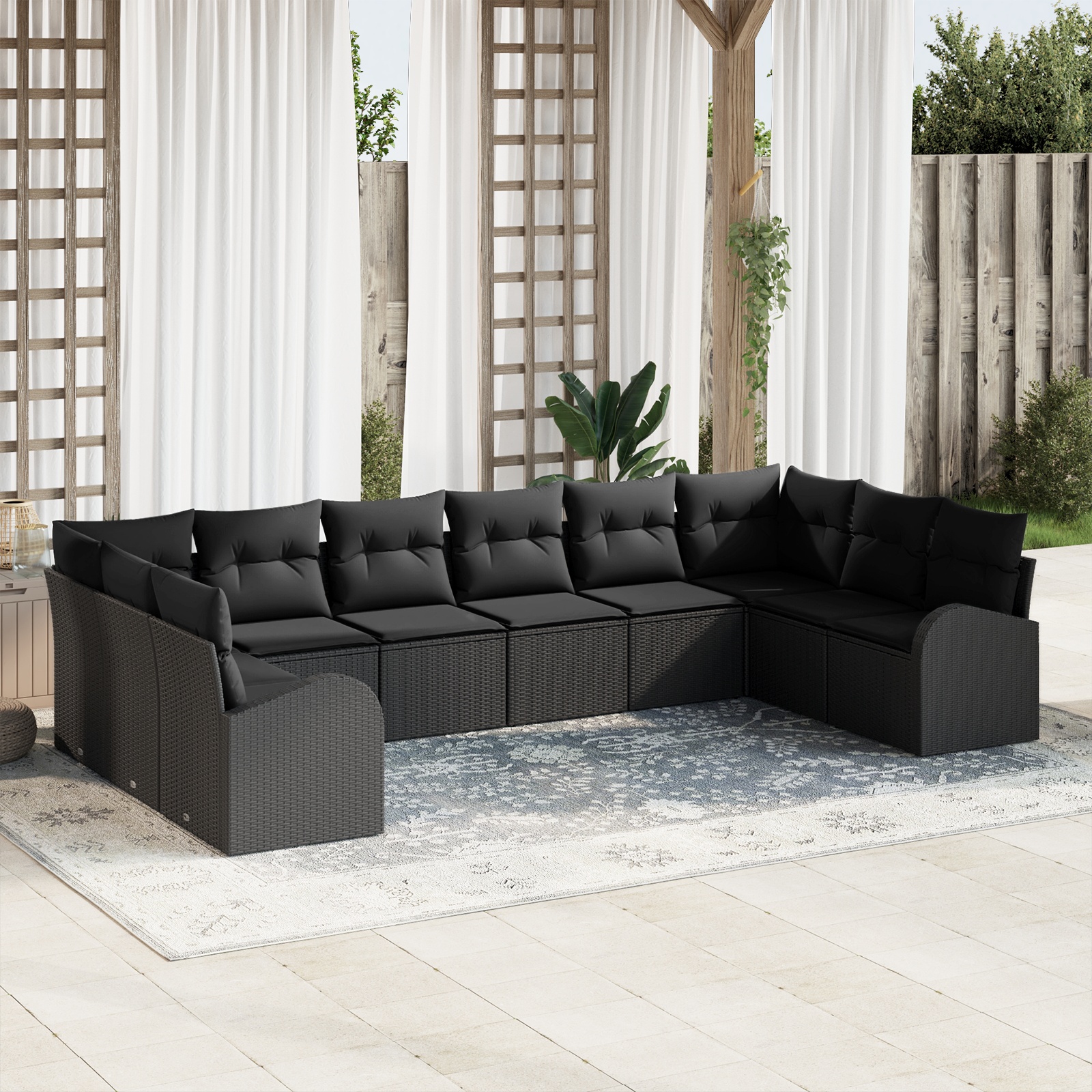 vidaXL 10 Teiliges Garten Sofa Set mit Kissen Schwarz Poly Rattan