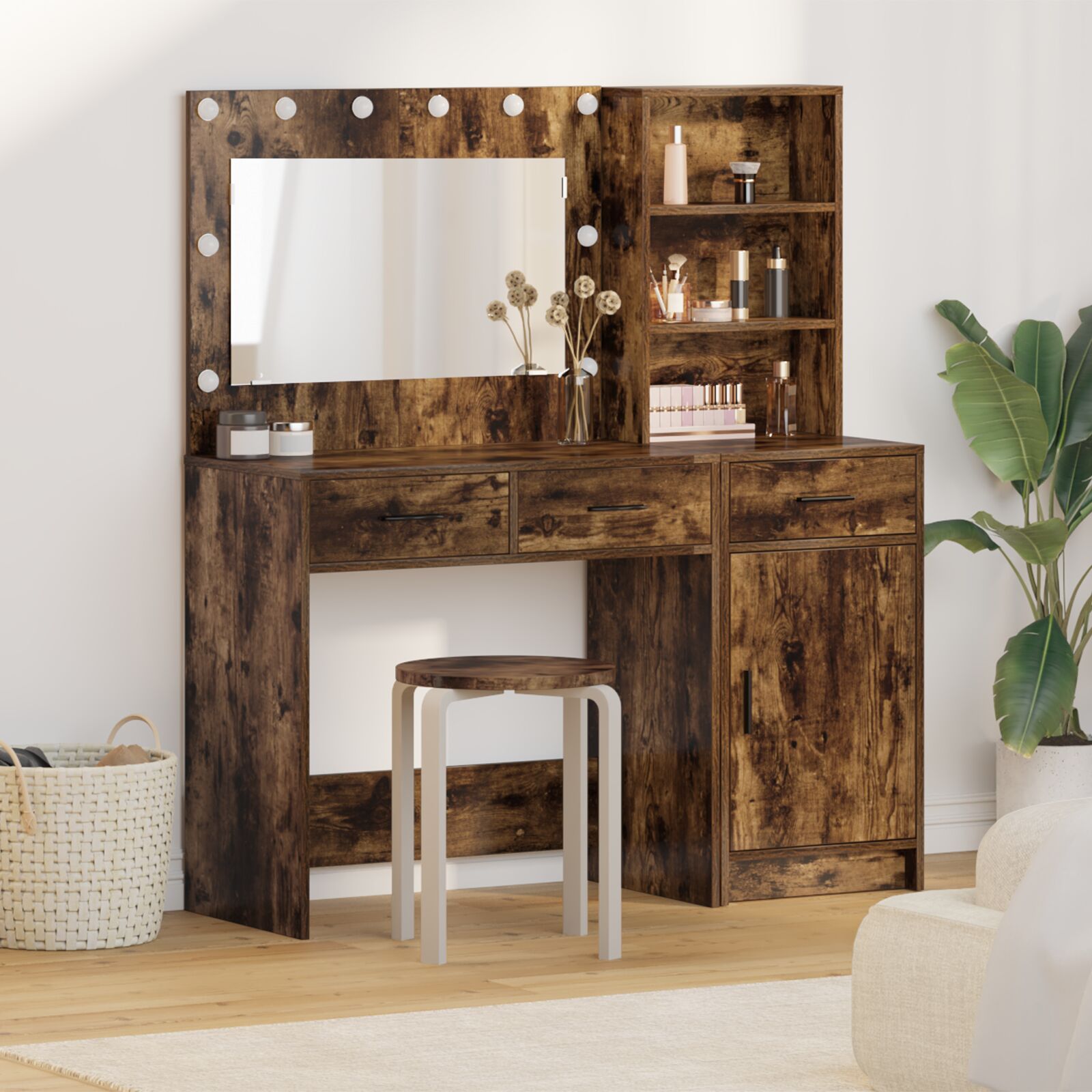 vidaXL 2-teiliges Schminktisch-Set mit LED in Raucheiche und Holzwerkstoff