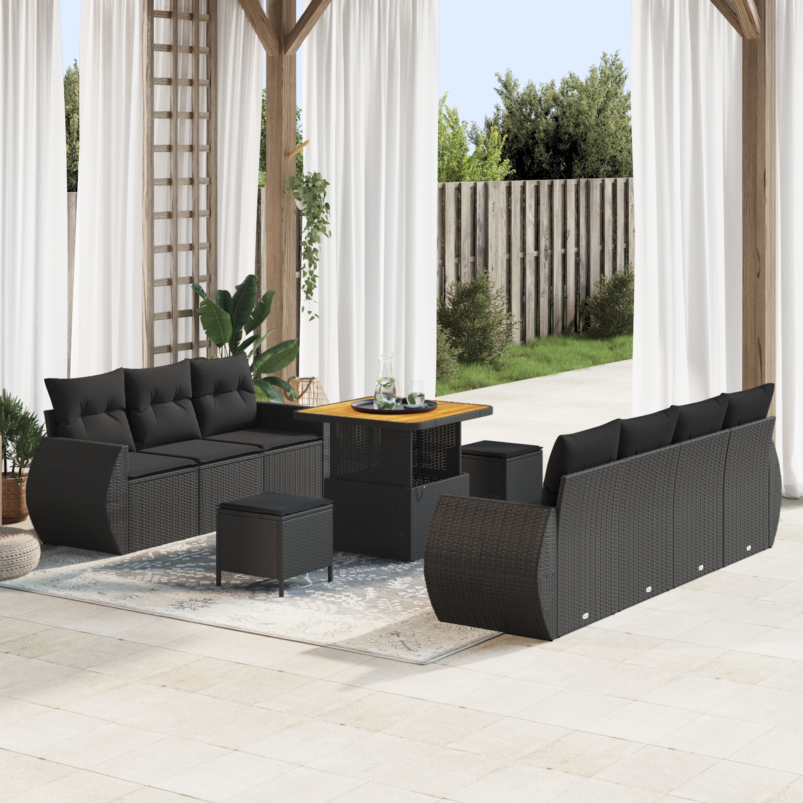 vidaXL 10-teilige Garten Sofa Set mit Kissen Schwarz Poly Rattan Akazie, vidaXL 3-teilige Garten Essgruppe mit Kissen Schwarz Poly Rattan Akazie