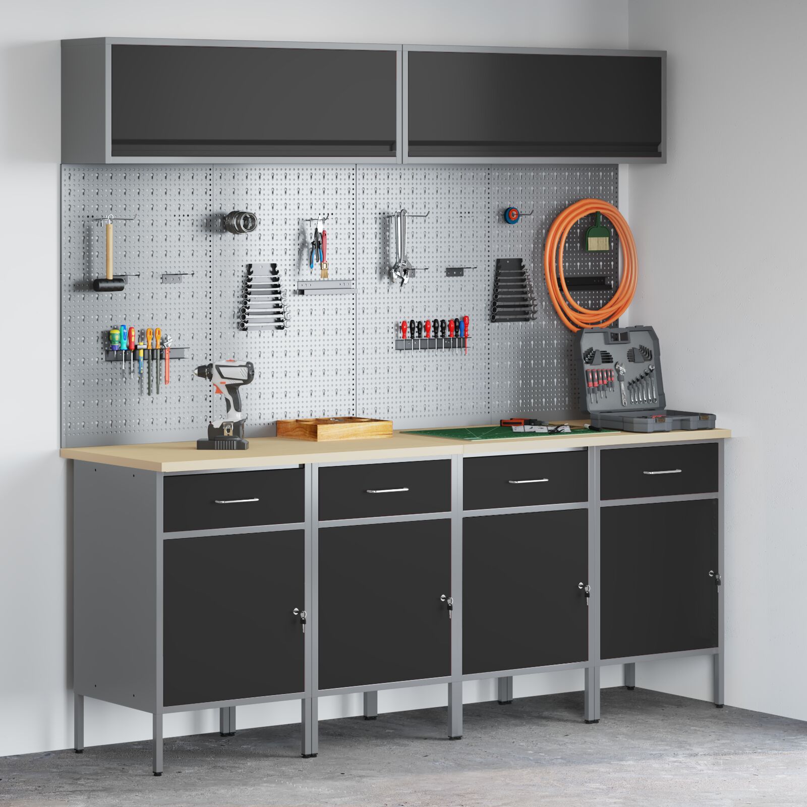vidaXL 10-teiliges Werkbank- und Lochplattenset Schwarz MDF und Metall