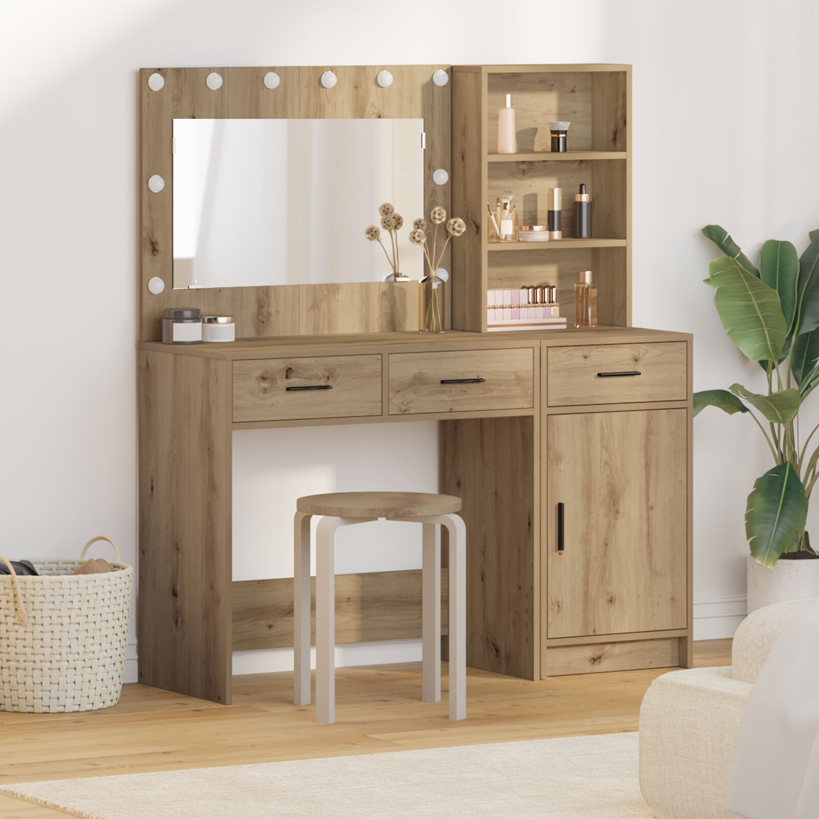 vidaXL 2-teiliges Schminktisch-Set mit LED Artisan Eichenholz Werkstoff
