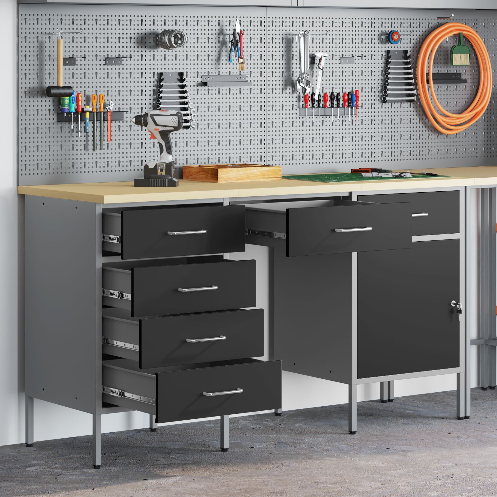 vidaXL 3-teiliges Arbeitskabine und Tischset Schwarz Beschichtetes Holz & Stahl