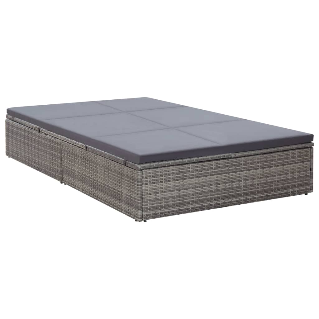vidaXL Doppel-Sonnenliege mit Auflage Poly Rattan Grau