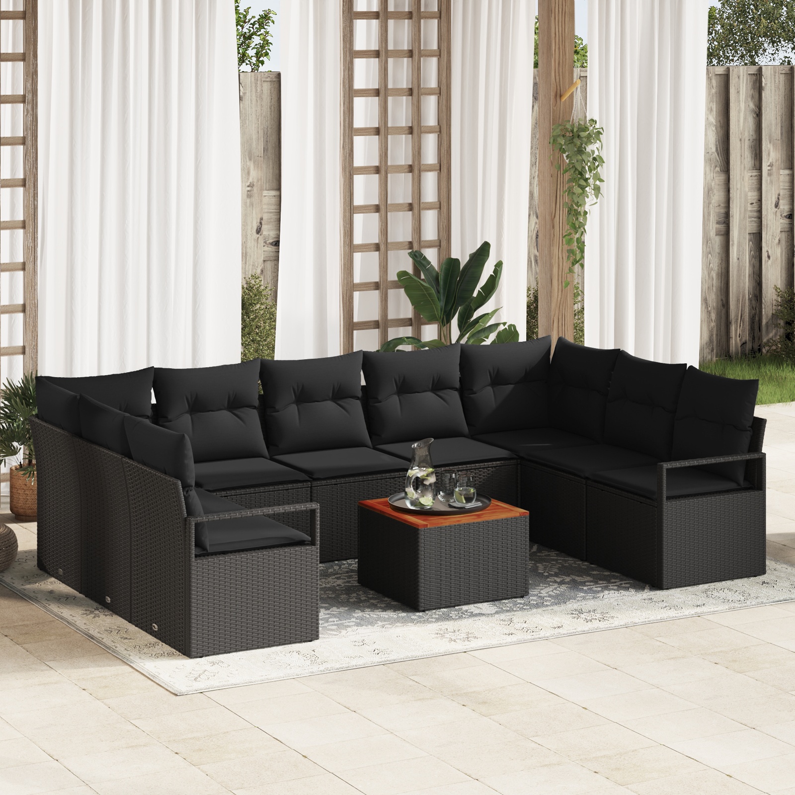 vidaXL 10-teilige Garten Sofa Set mit Kissen Schwarz Poly Rattan Akazie, vidaXL 2-Sitzer Garten Sofa mit Stauraum & Kissen Schwarz Poly Rattan