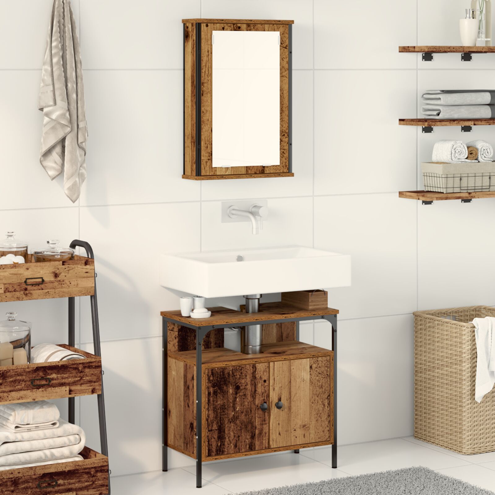 vidaXL 2-teiliges Badezimmermöbelset Alte Holzoptik aus Holzwerkstoff