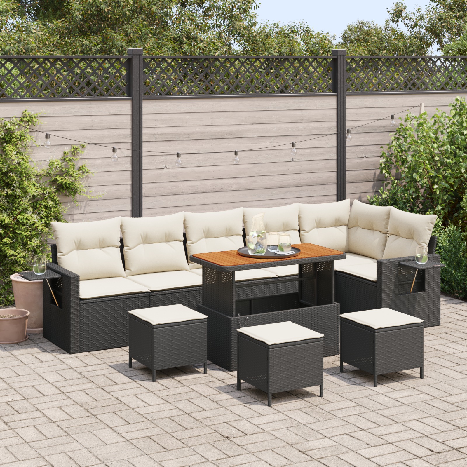 vidaXL 10-teilige Garten Sofa Set mit Kissen Schwarz Poly Rattan Akazie, vidaXL 4-teiliges Garten Esstisch Set mit Kissen Schwarz Poly Rattan Akazie