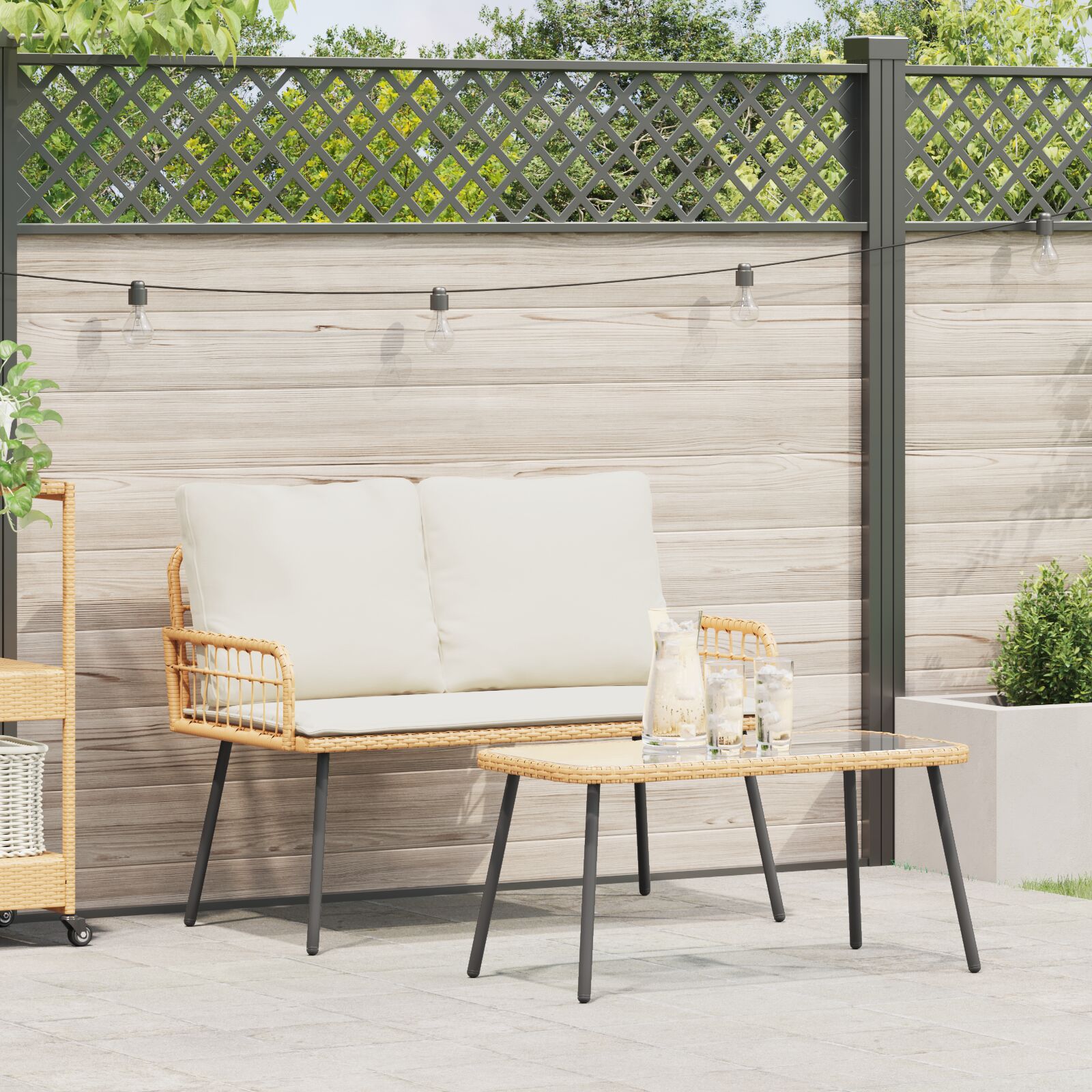 vidaXL 2-teiliges Garten-Esszimmer Set mit Kissen aus natürlichem Poly-Rattan