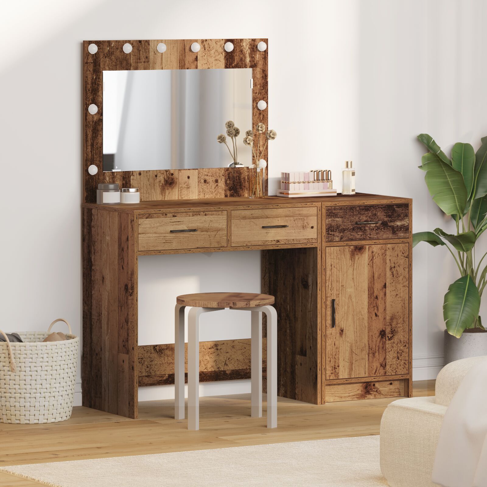vidaXL 2-teiliges Schminktisch Set mit LED aus altem Holzwerkstoff