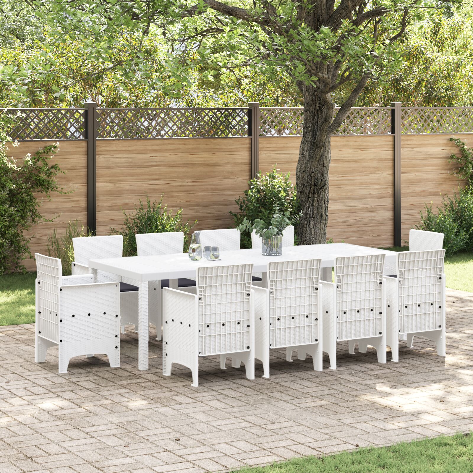 vidaXL 11-teiliges Garten Essgruppe mit Kissen Weiß Poly-Rattan