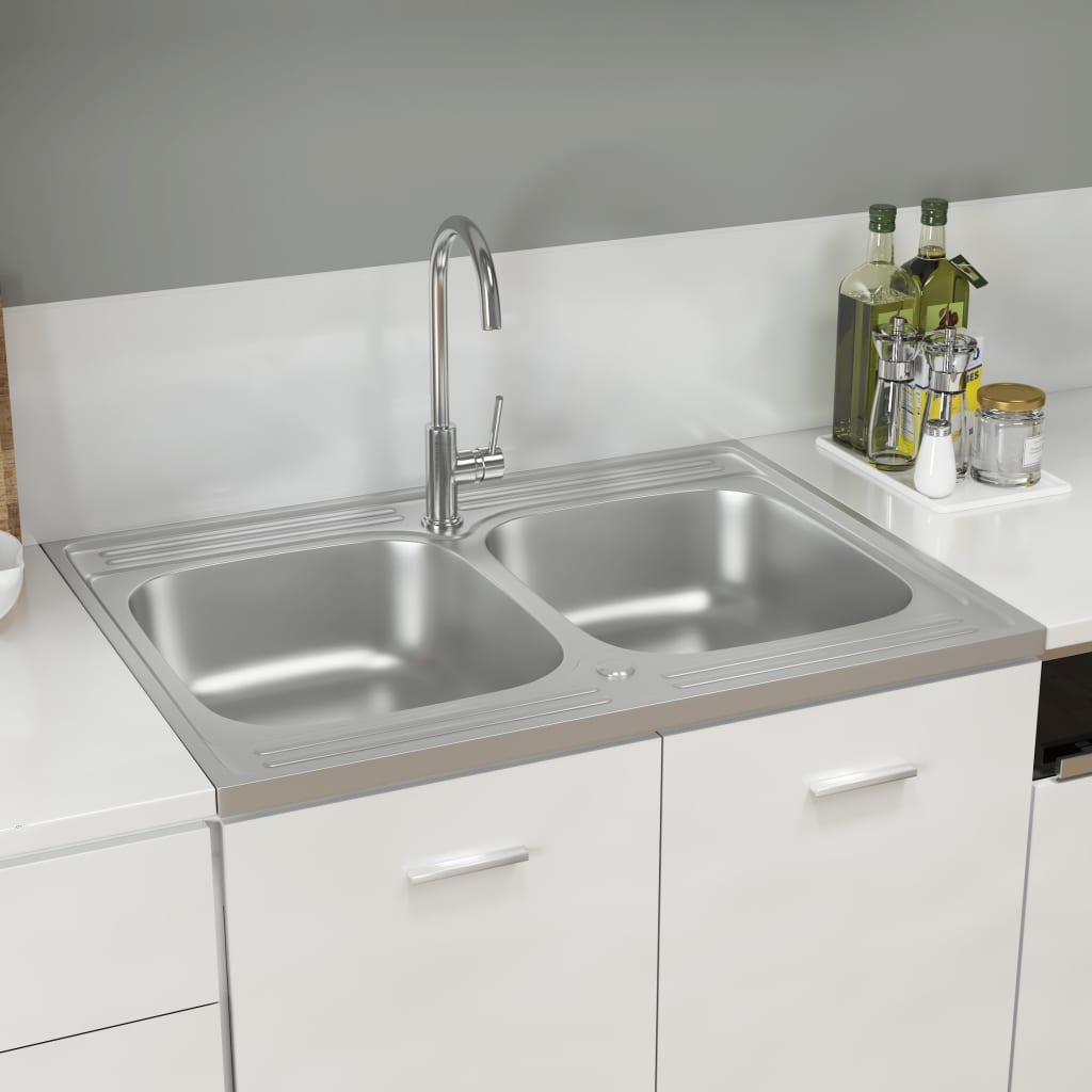 vidaXL Doppelspüle Silbern 800x600x155 mm Edelstahl
