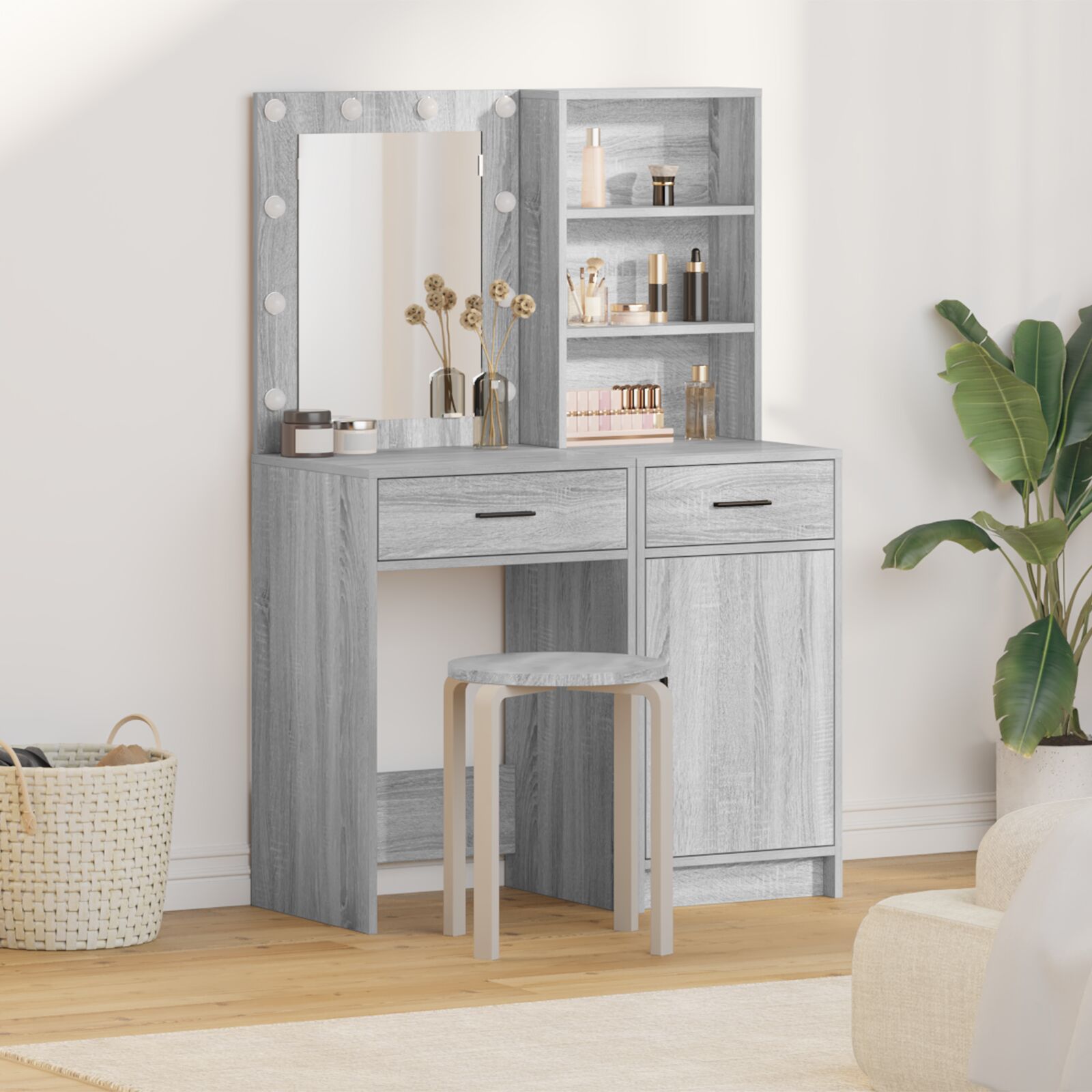 vidaXL 2-teilige Schminktischgarnitur mit LED Grau Sonoma Holzwerkstoff