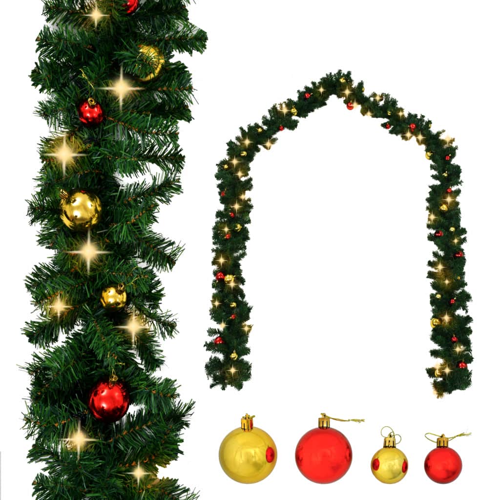 vidaXL Weihnachtsgirlande Geschmückt mit Kugeln und LED-Lichtern 10 m