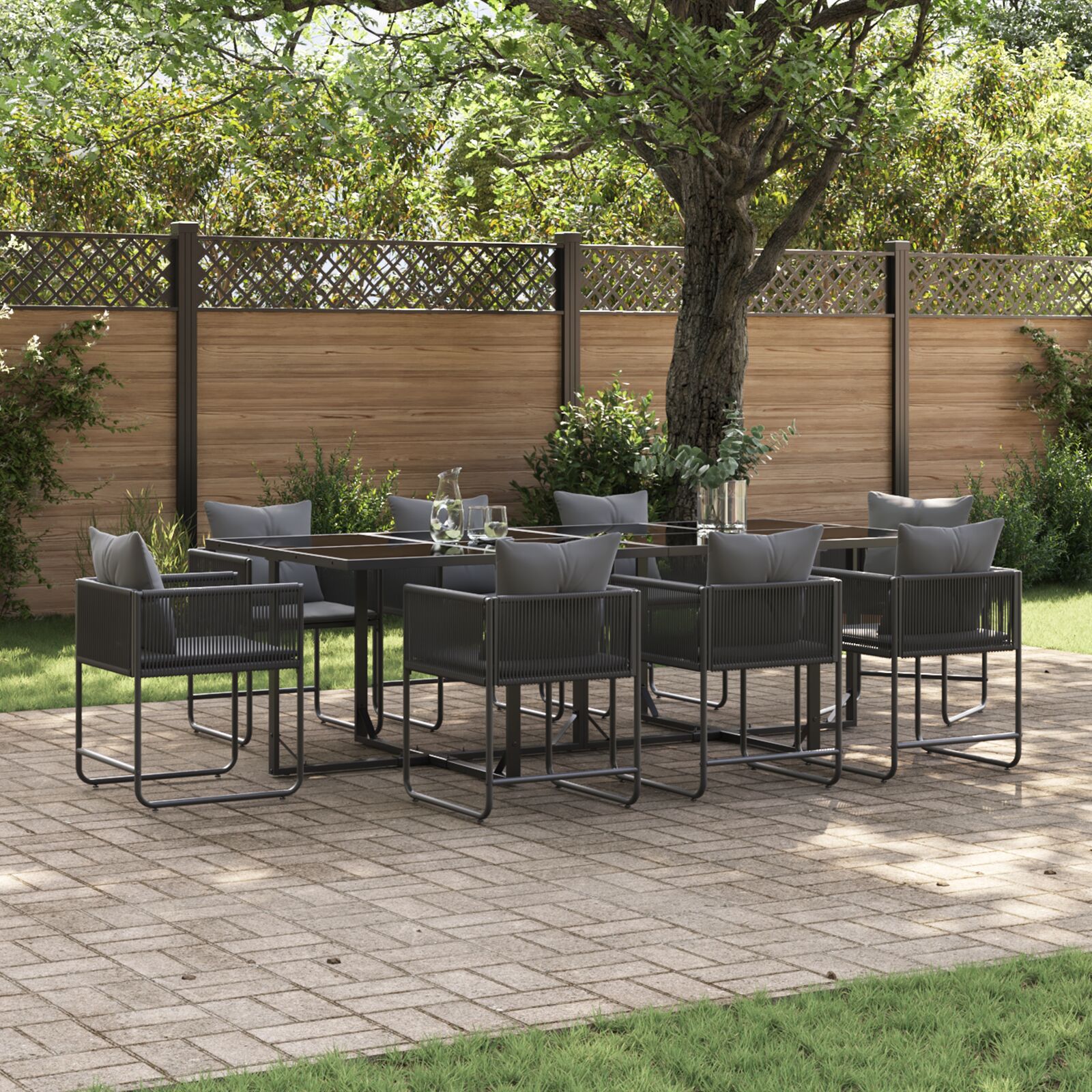 vidaXL 10-teiliges Garten-Esstisch-Set mit Kissen aus Stahl und Poly-Rattan