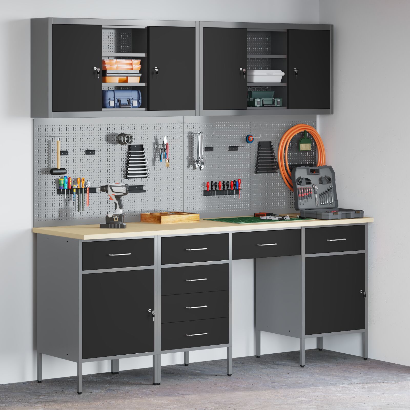 vidaXL 10-teiliges Werkbank-Set aus schwarzem Stahl