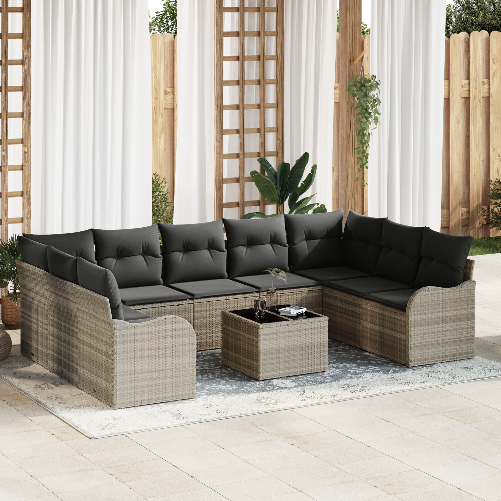 vidaXL 10 Teile Garten Sofa Set mit Kissen Grau Poly Rattan, vidaXL 2-Sitzer Garten Sofa mit Stauraum & Kissen Hellgrau Poly Rattan