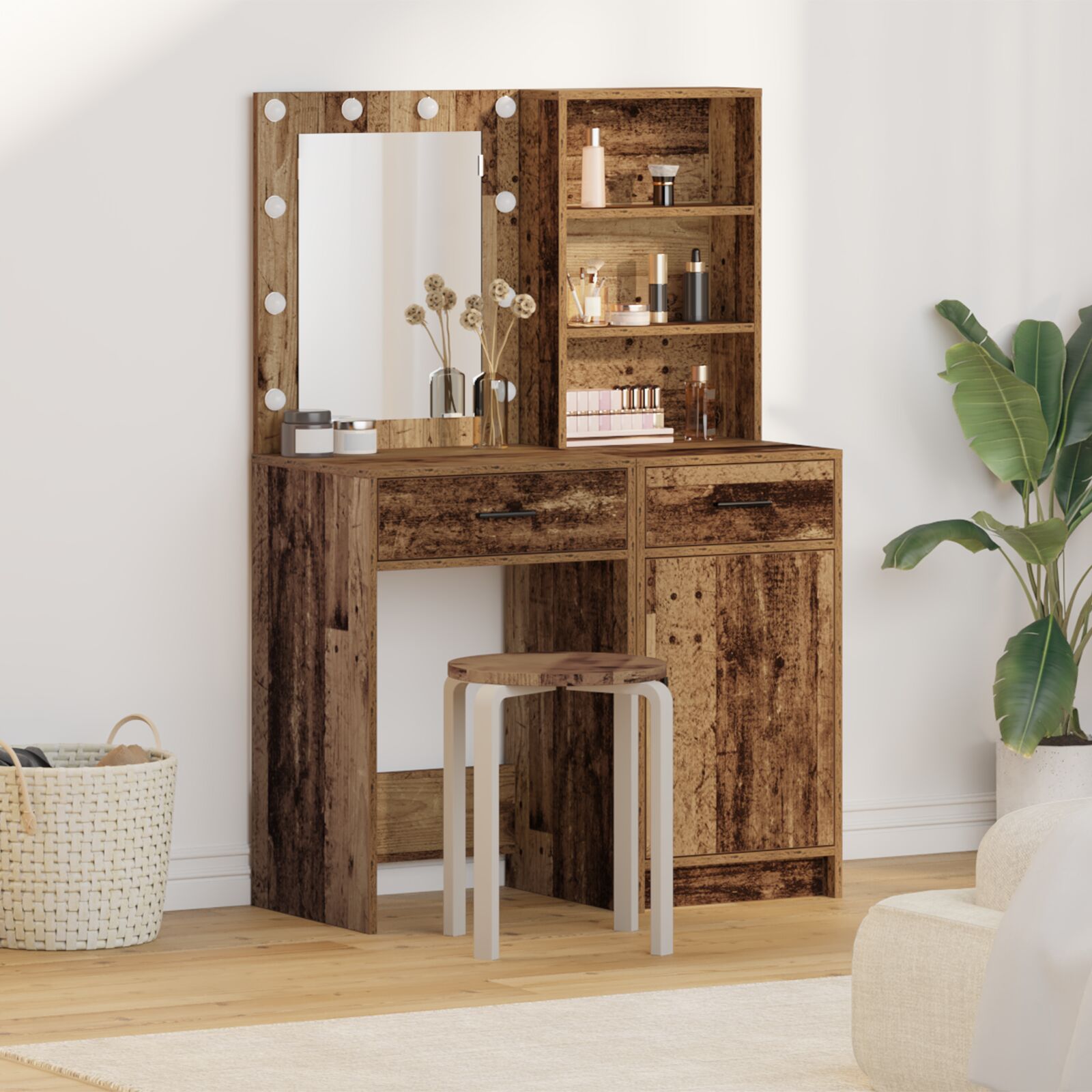 vidaXL 2-teiliger Schminktischset mit LED aus altem Holz und Holzwerkstoff