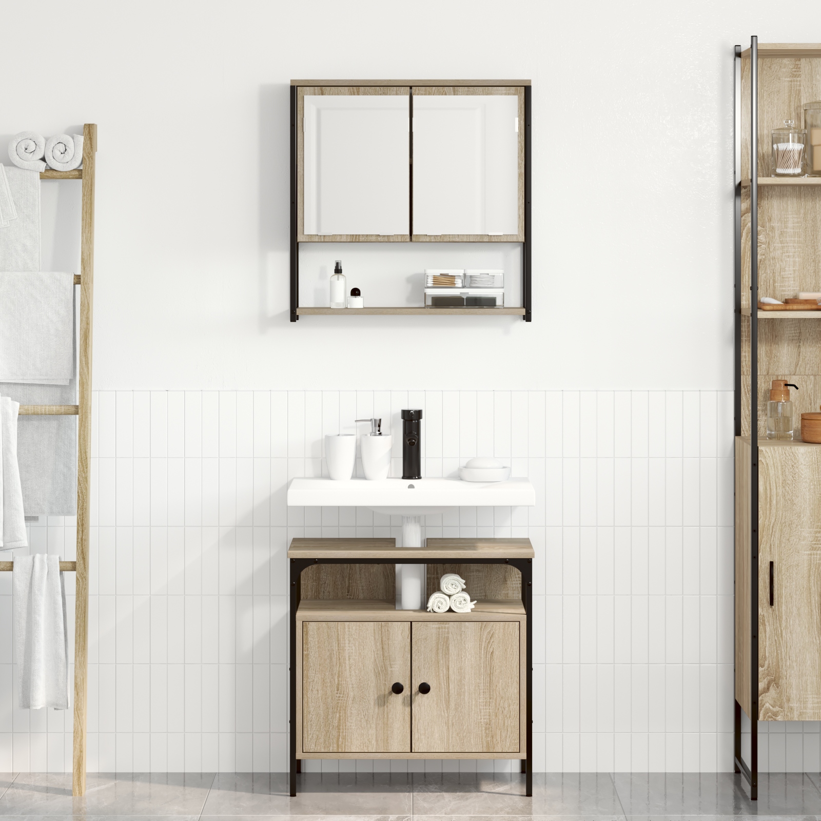 vidaXL 2-teiliges Badezimmer Schrank Set Sonoma Eiche Materia