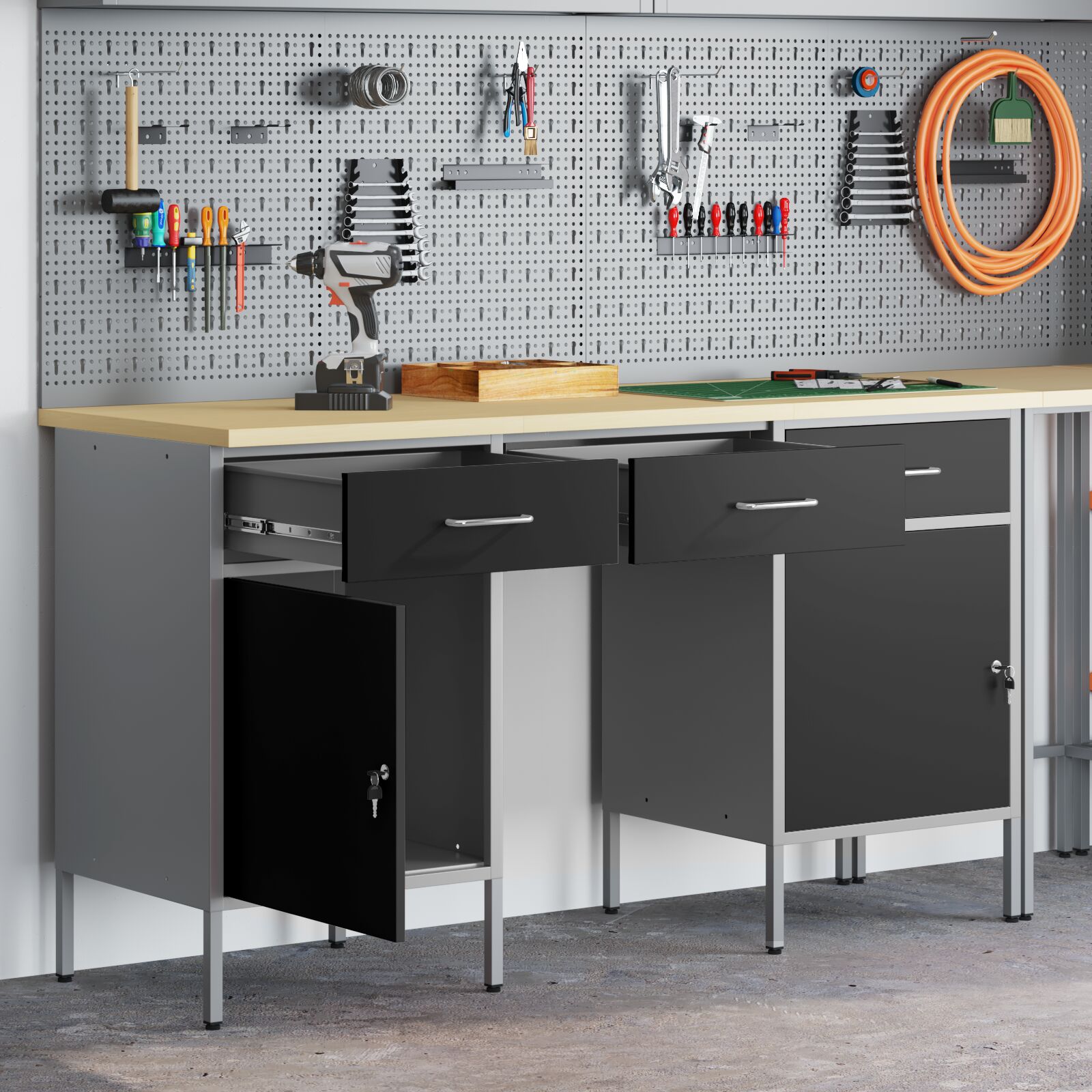 vidaXL 3-teiliges Werkbank- und Tischset in Schwarz aus Ingenieurholz und Stahl