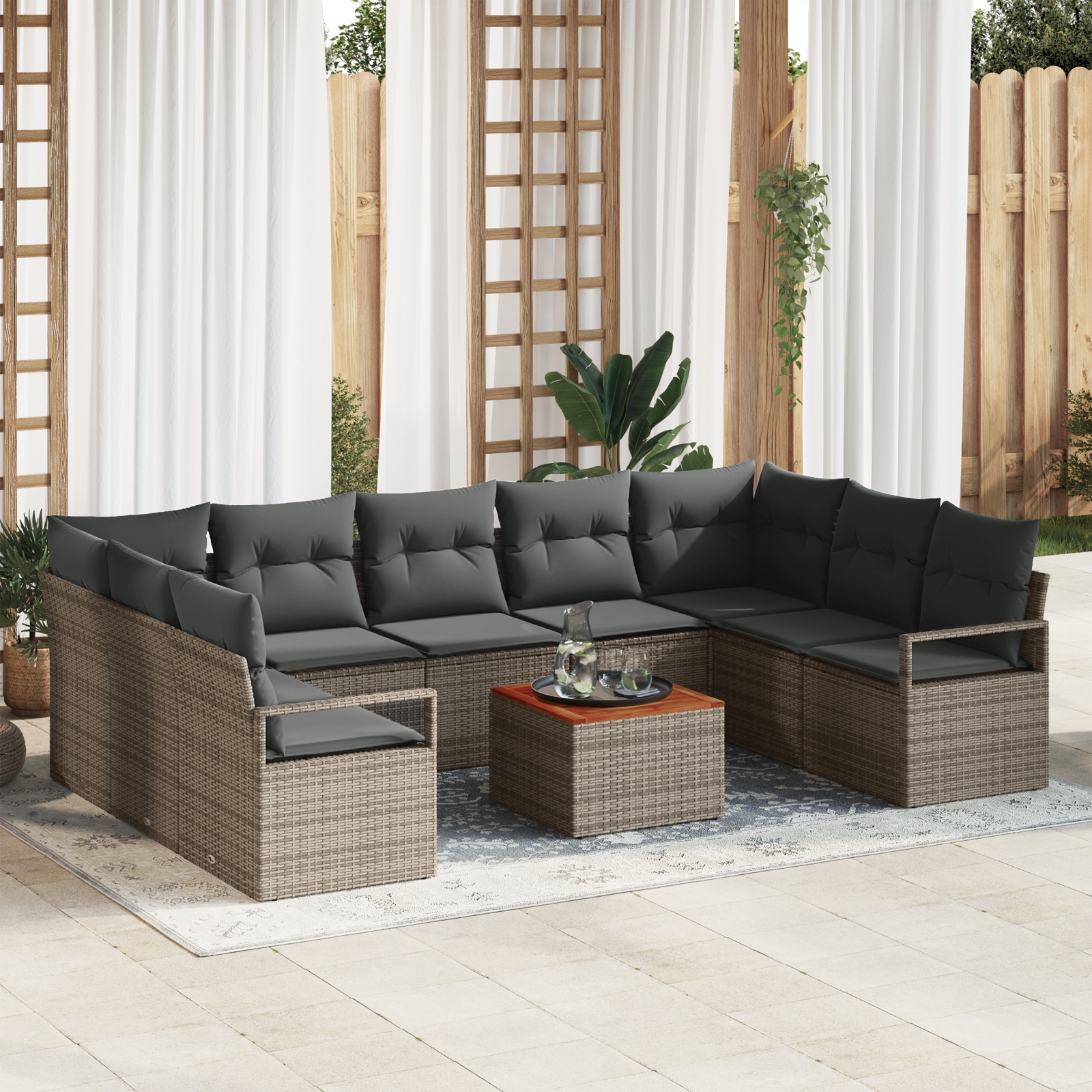 vidaXL 10 teiliges Garten Sofa Set mit Kissen Grau Poly Rattan Akazie, vidaXL 2-Sitzer Garten Sofa mit Kissen Grau Poly Rattan