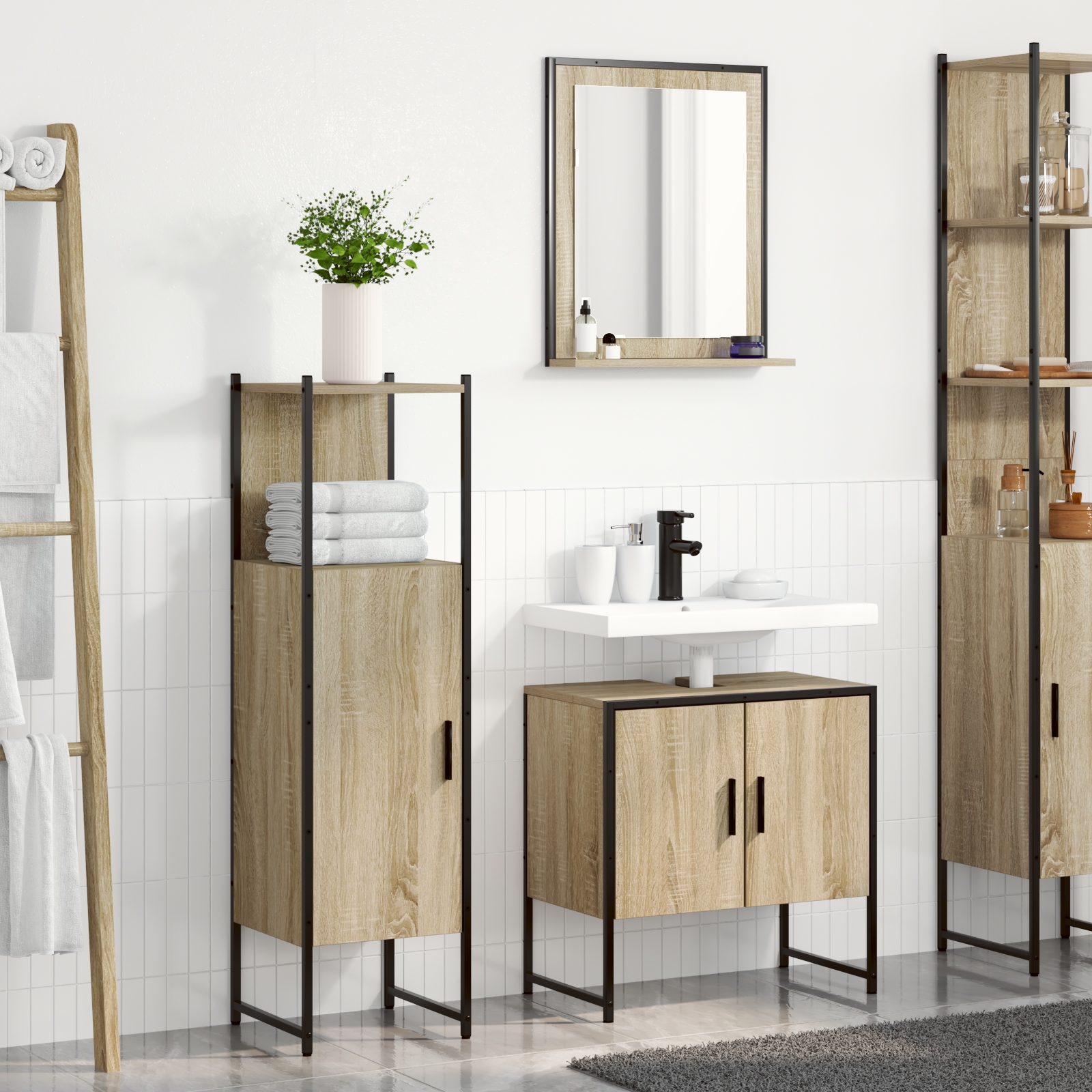 vidaXL 3-teiliges Badezimmermöbel Set Sonoma Eiche Holzwerkstoff, vidaXL Badezimmer Spiegel mit Regal Sonoma Eiche 50x12x60 cm Holzwerkstoff