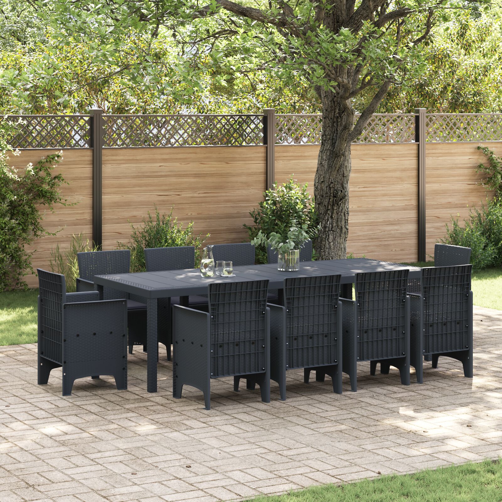 vidaXL 11-teiliges Garten Essgruppe mit Kissen Anthrazit Poly Rattan