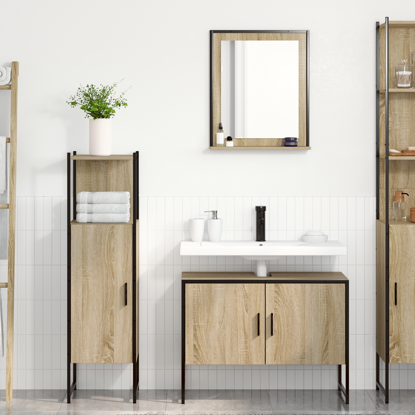 vidaXL 3-teiliges Badezimmermöbel Set in Sonoma Eiche, vidaXL Spiegel mit Regal in Sonoma Eiche 50x12x60 cm