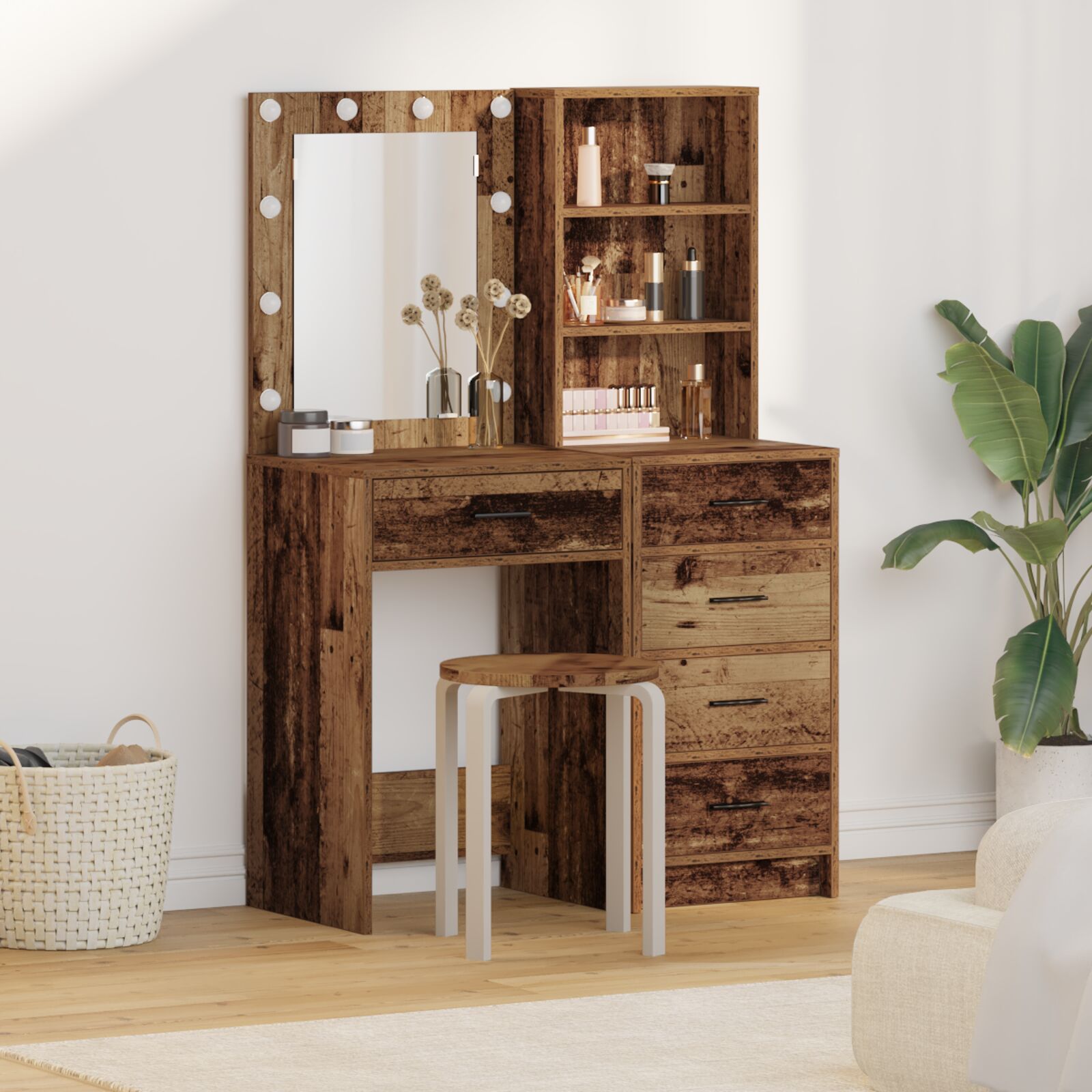 vidaXL 2-teiliges Frisiertisch-Set mit LED aus Altholz und Holzwerkstoff