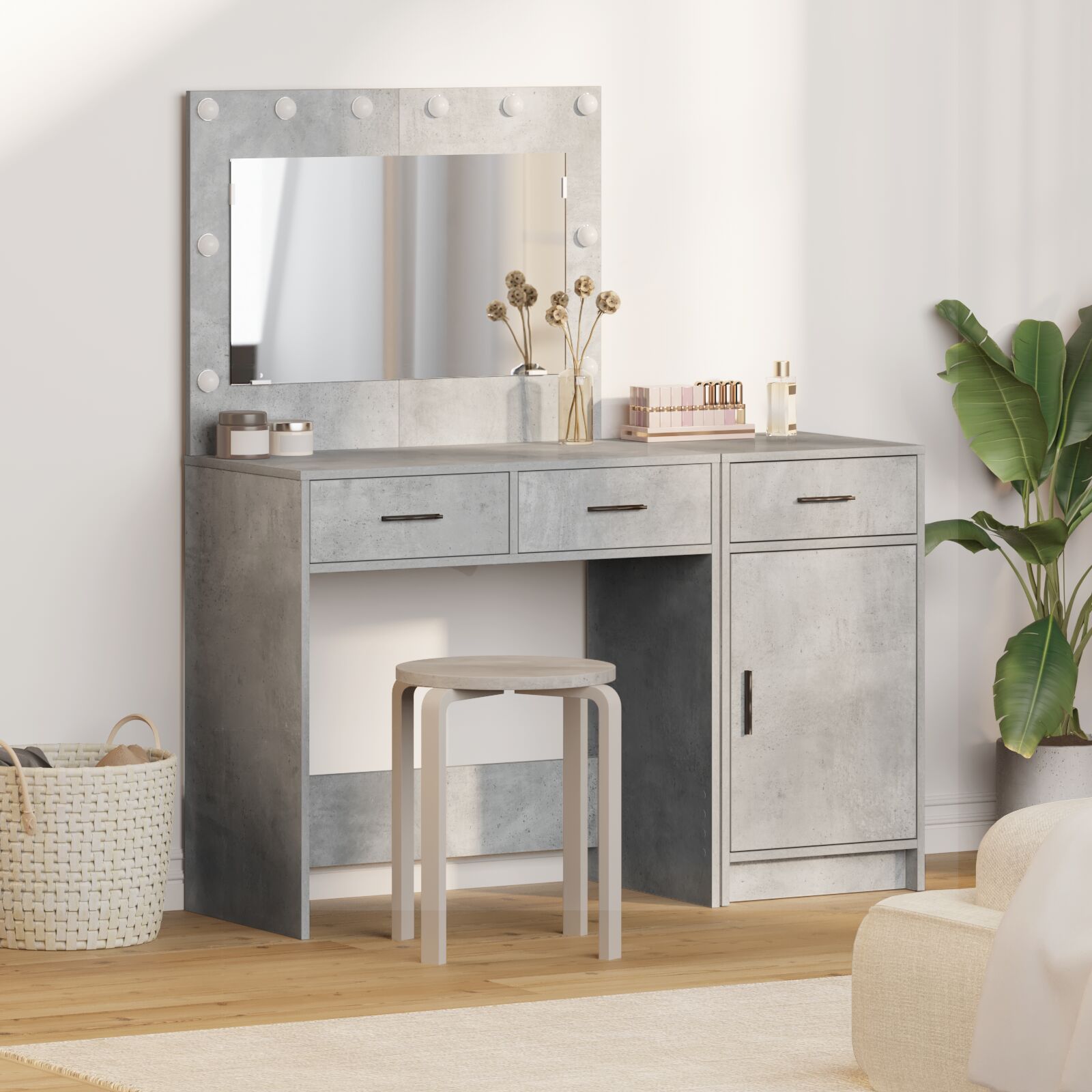 vidaXL 2-teiliges Schminktisch-Set mit LED in Beton Grau aus Holzwerkstoff