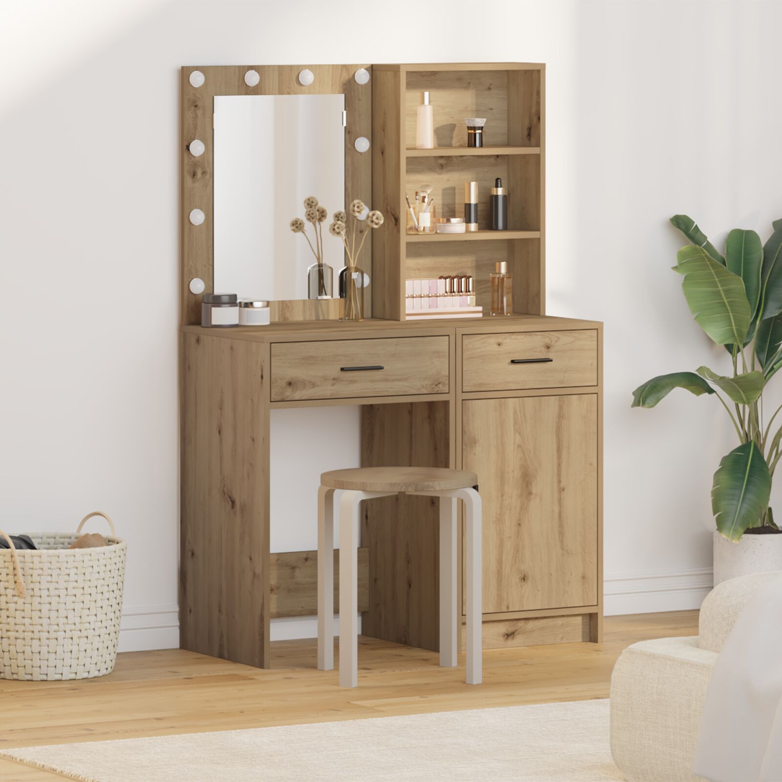 vidaXL 2-teiliges Schminktisch-Set mit LED Artisan Eichenholz Spanplatte