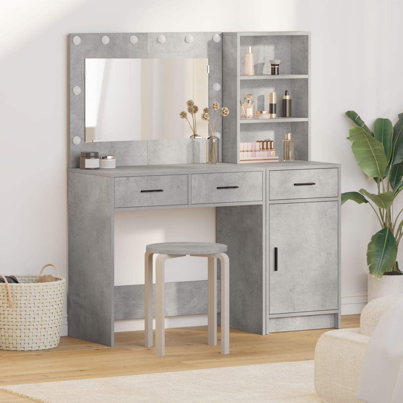 vidaXL 2-teiliges Schminktisch-Set mit LED in Beton Grau aus Holz