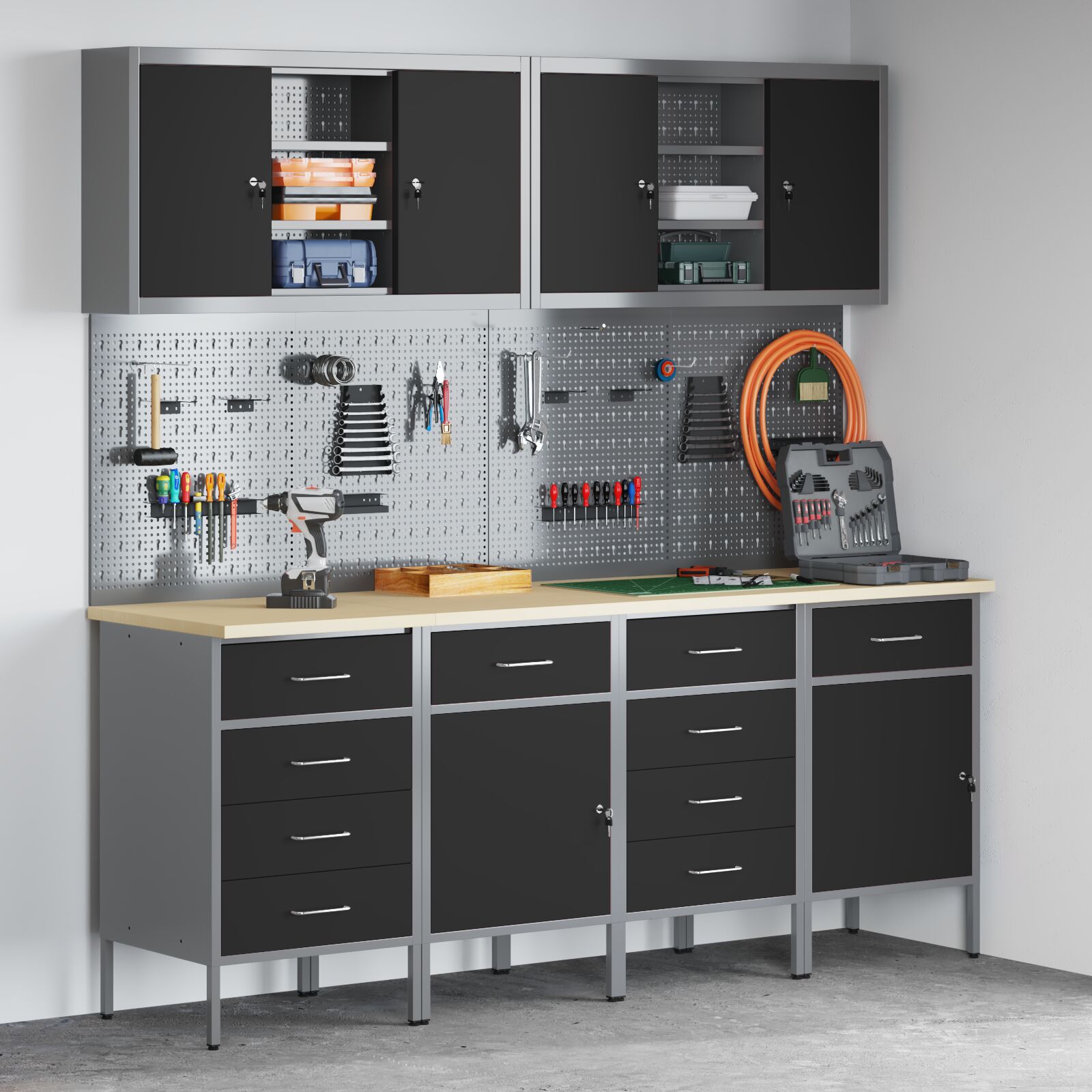 vidaXL 10-teiliges Werkbank- und Pegboard-Set Schwarz MDF und Metall