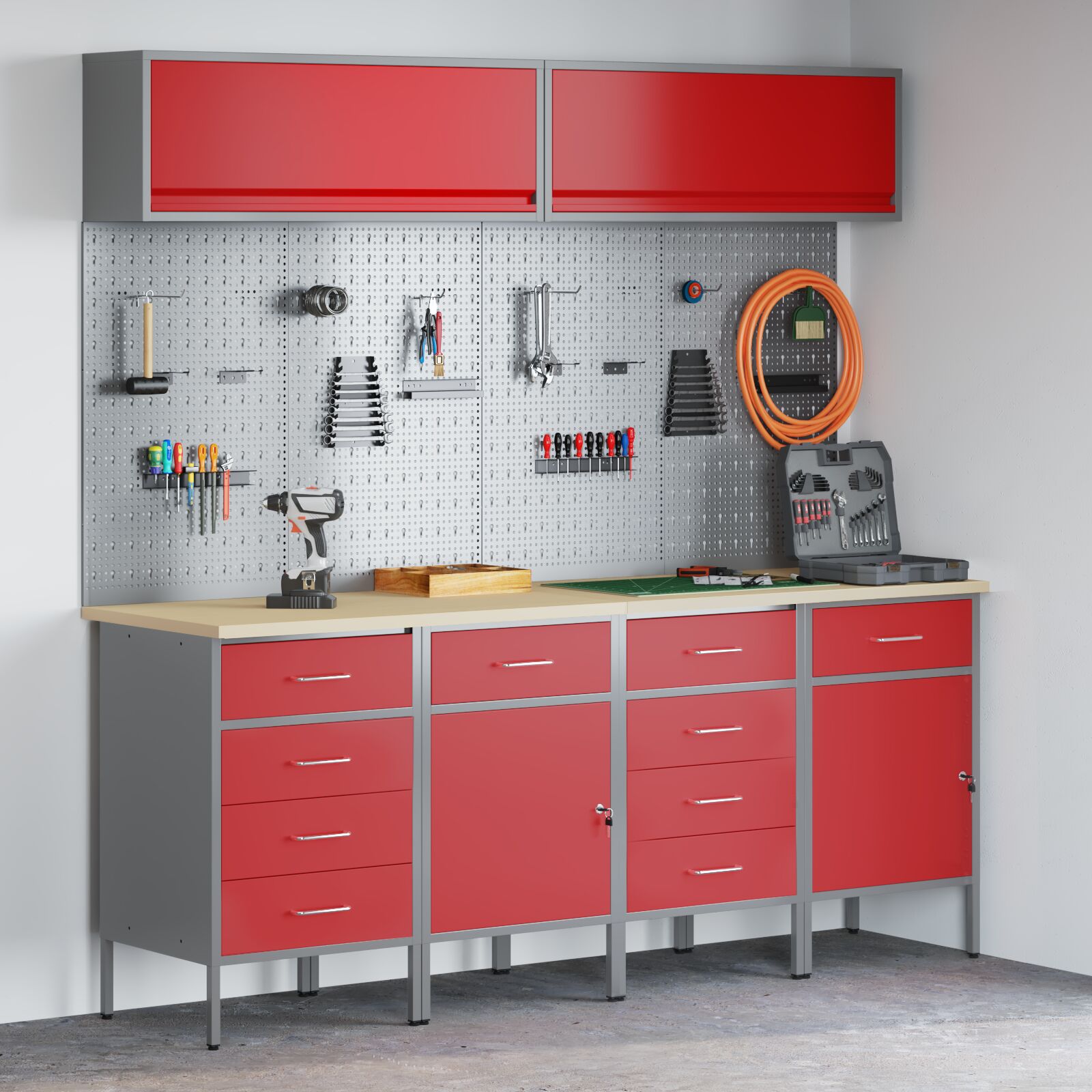 vidaXL 10-teiliges Arbeitskabinet und Pegboard Set in Rot aus MDF und Metall