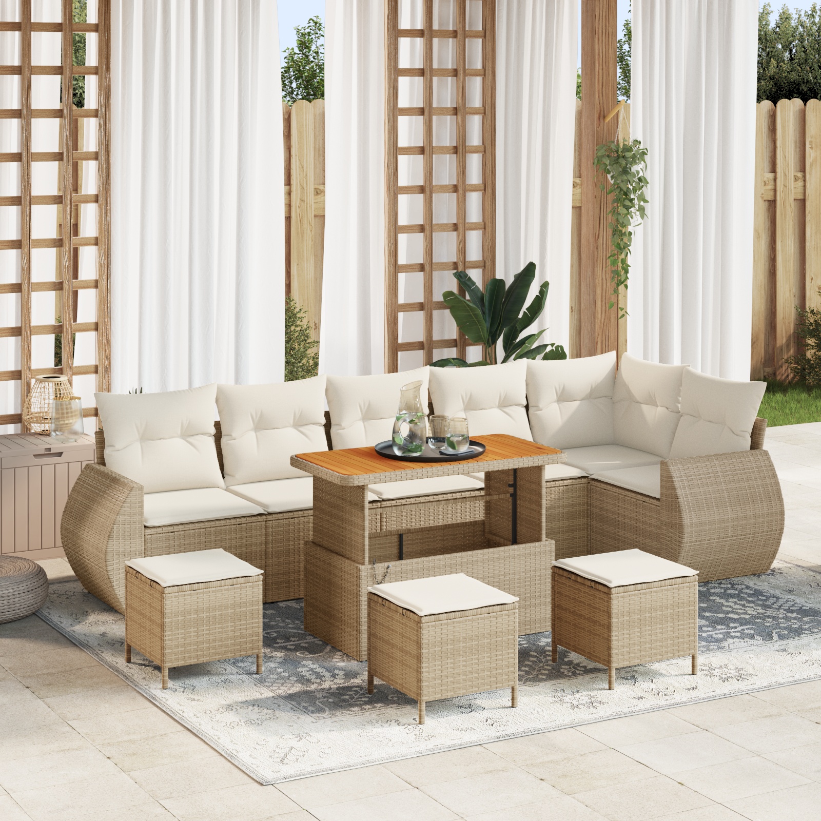10-teiliges vidaXL Garten-Sofa-Set mit Kissen Beige Poly-Rattan Akazie, 4-teiliges vidaXL Garten-Dining-Set mit Kissen Beige Poly-Rattan Akazie