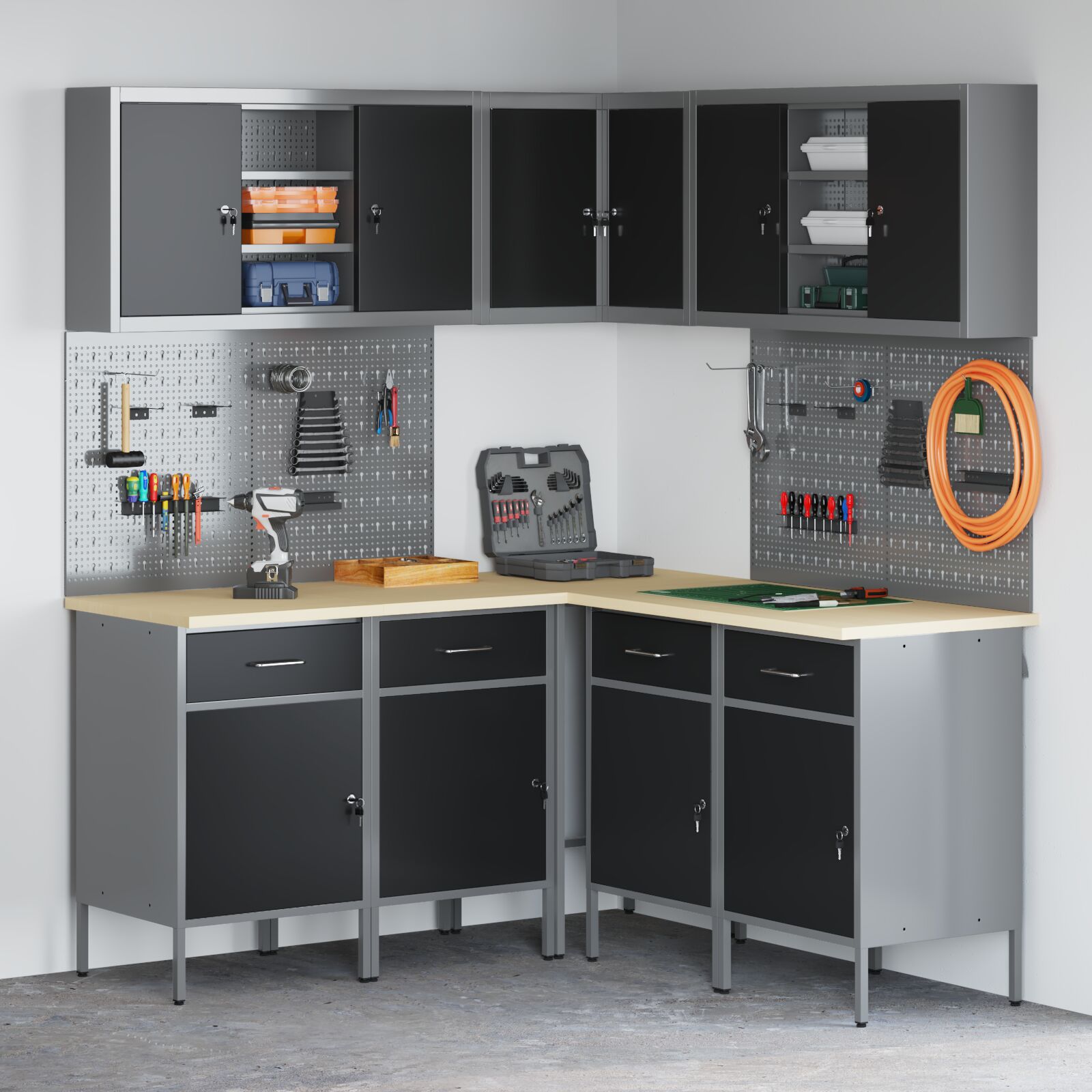 vidaXL 12-teiliges Werkbank- und Pegboard-Set in Schwarz aus MDF und Metall