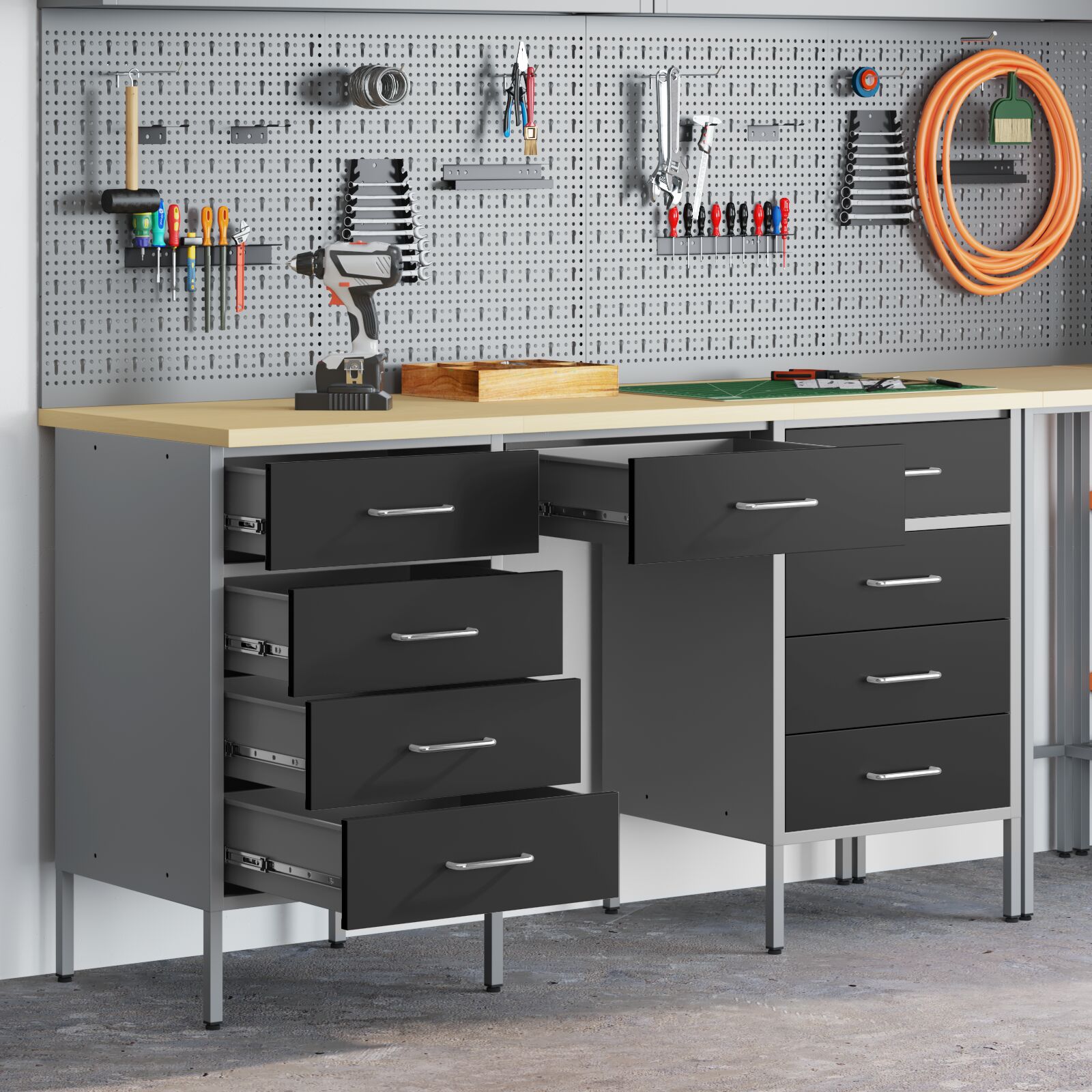 vidaXL 3-teiliger Arbeitsstellen- und Tisch-Satz Schwarz Ingenieurholz und Stahl