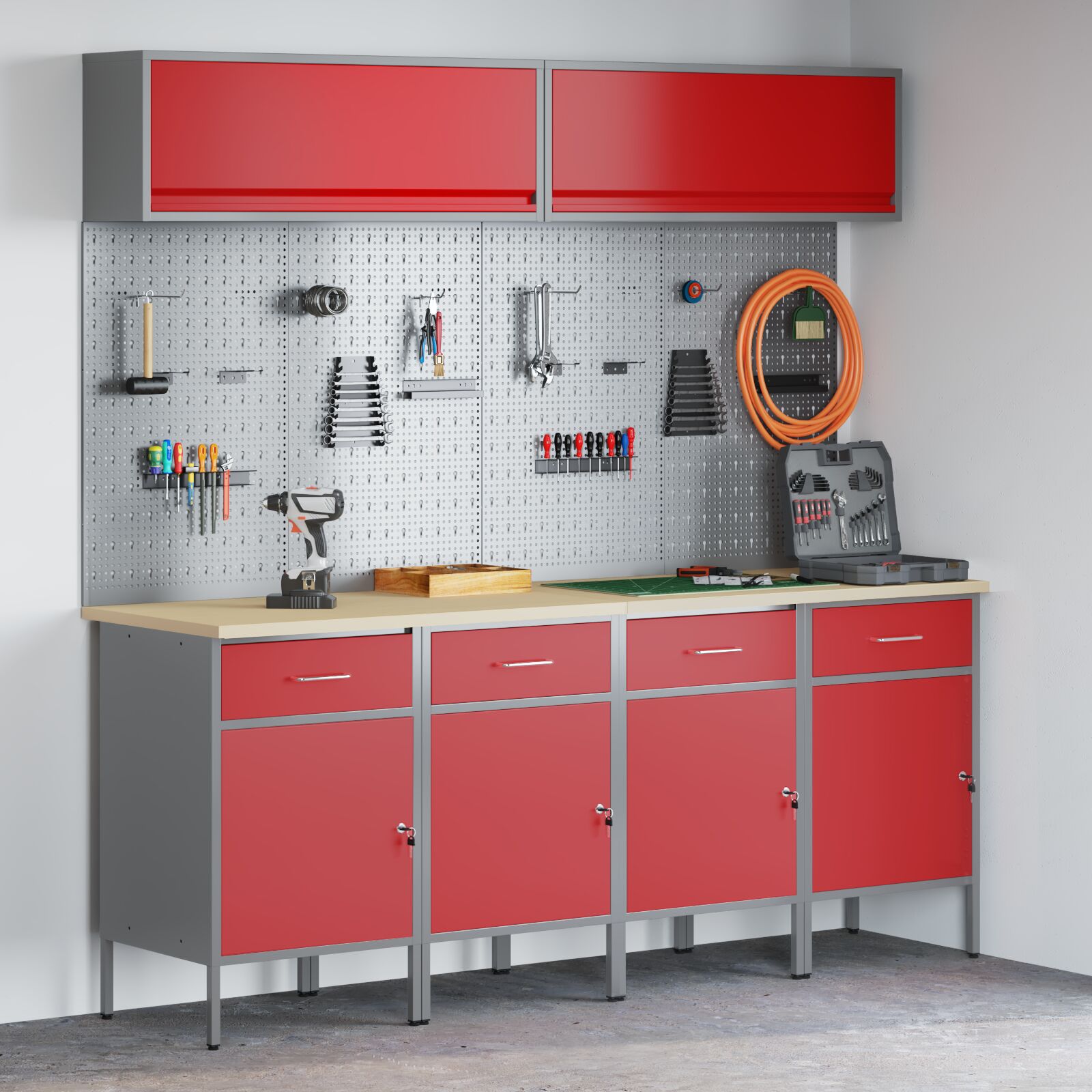 vidaXL 10-teiliges Werkstattregal- und Pinnwand-Set in Rot aus MDF und Metall