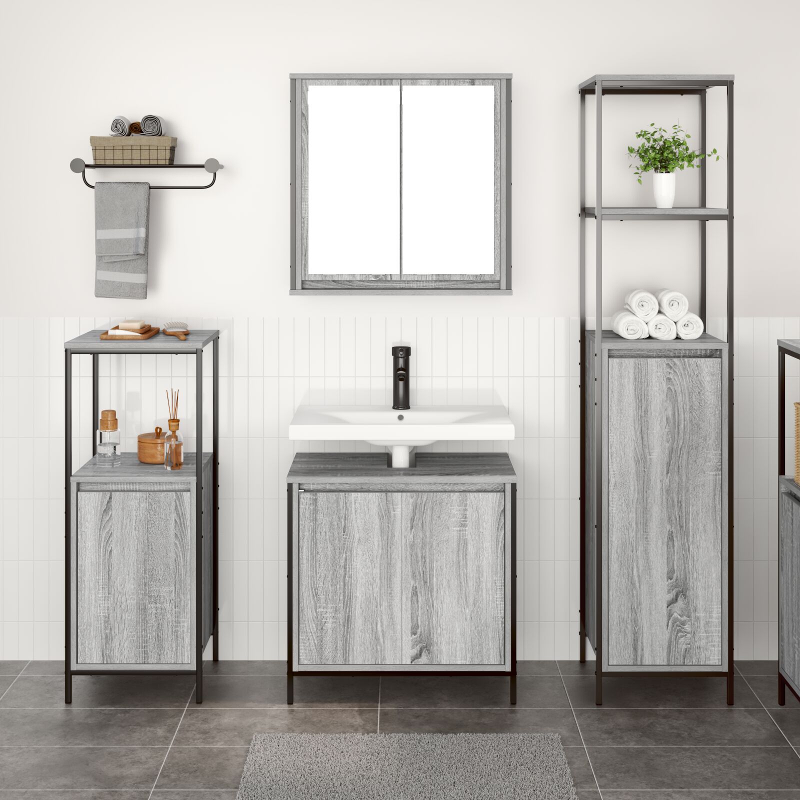vidaXL 3-teilige Badezimmermöbel Set in Grau Sonoma Holzwerkstoff