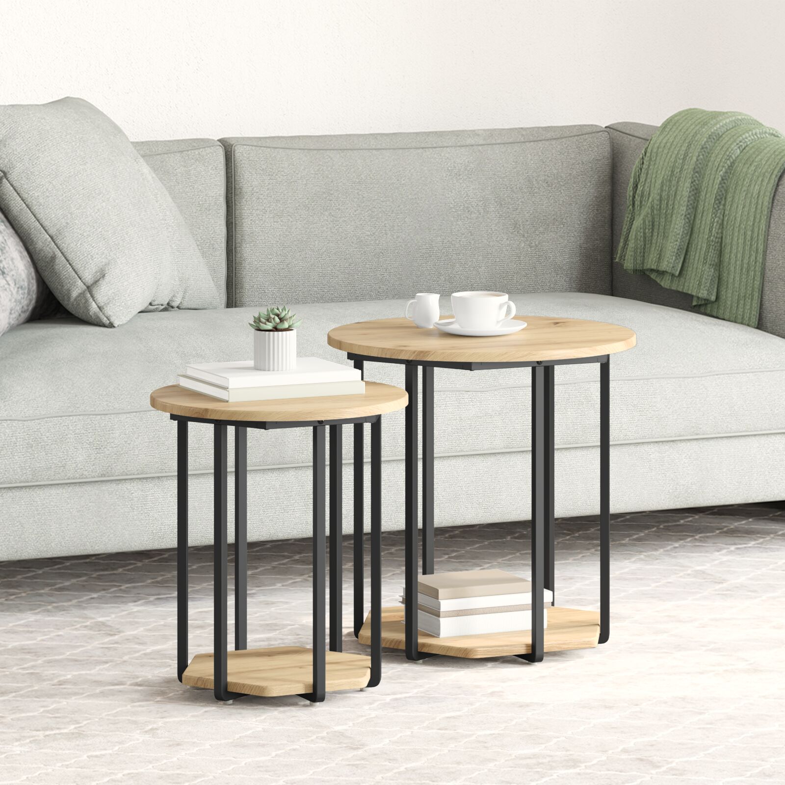 vidaXL Beistelltisch 2er Set Artisan Eiche, Holz und Metall
