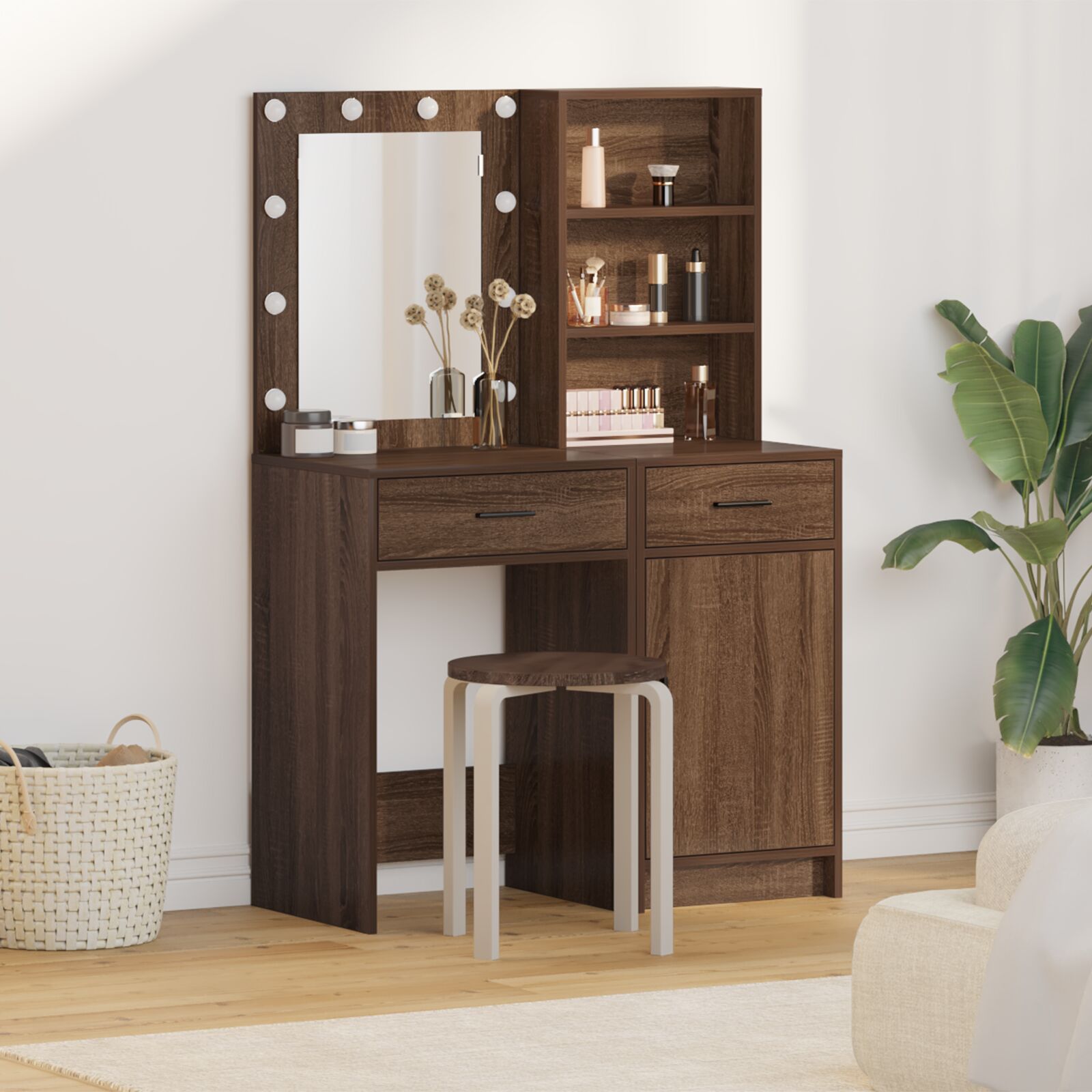 vidaXL 2-teiliges Schminktisch-Set mit LED Black Oak Holzwerkstoff