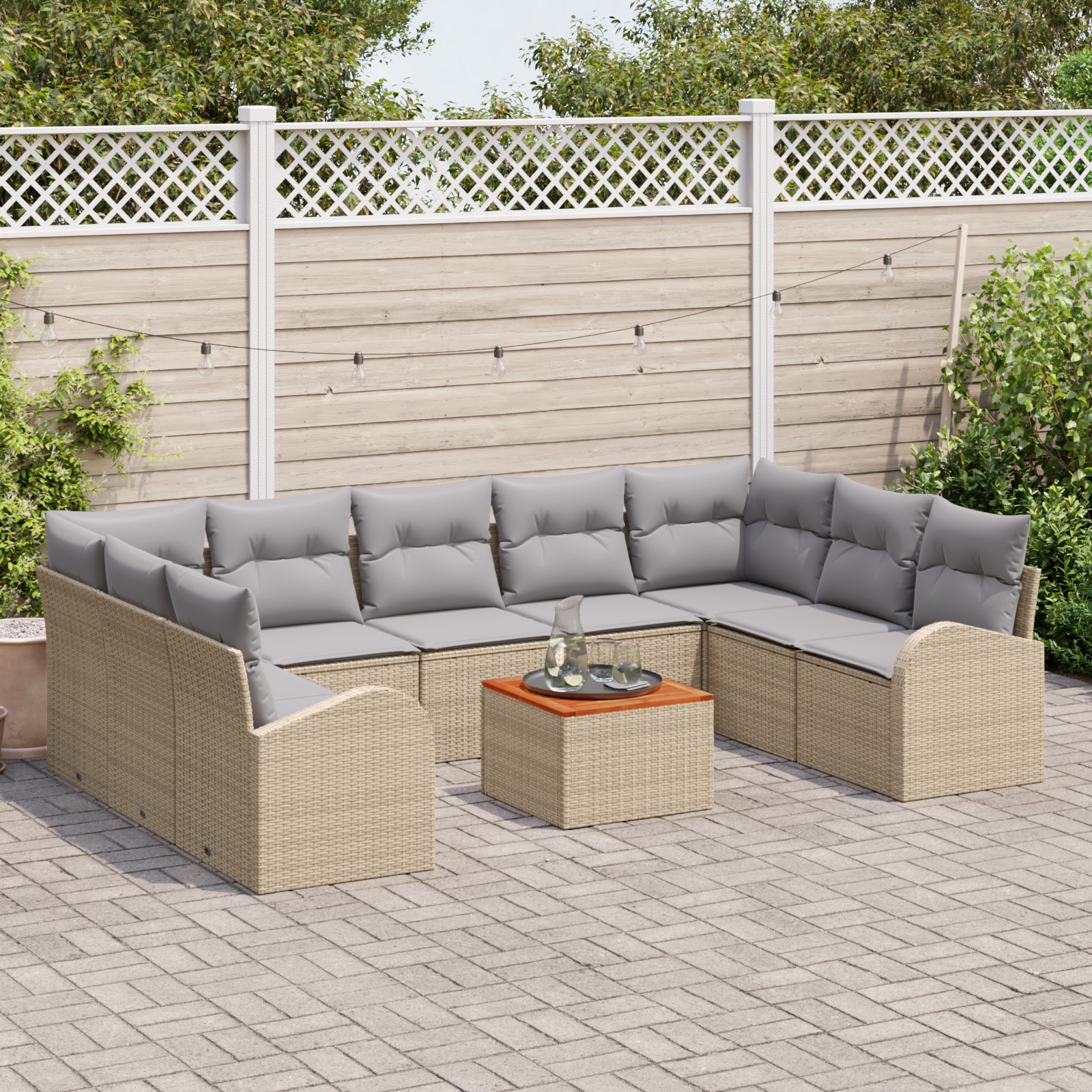 vidaXL 10-teilige Garten Sofa Set mit Kissen Beige Poly Rattan Akazie, vidaXL 2-Sitzer Garten Sofa mit Stauraum & Kissen Beige Poly Rattan