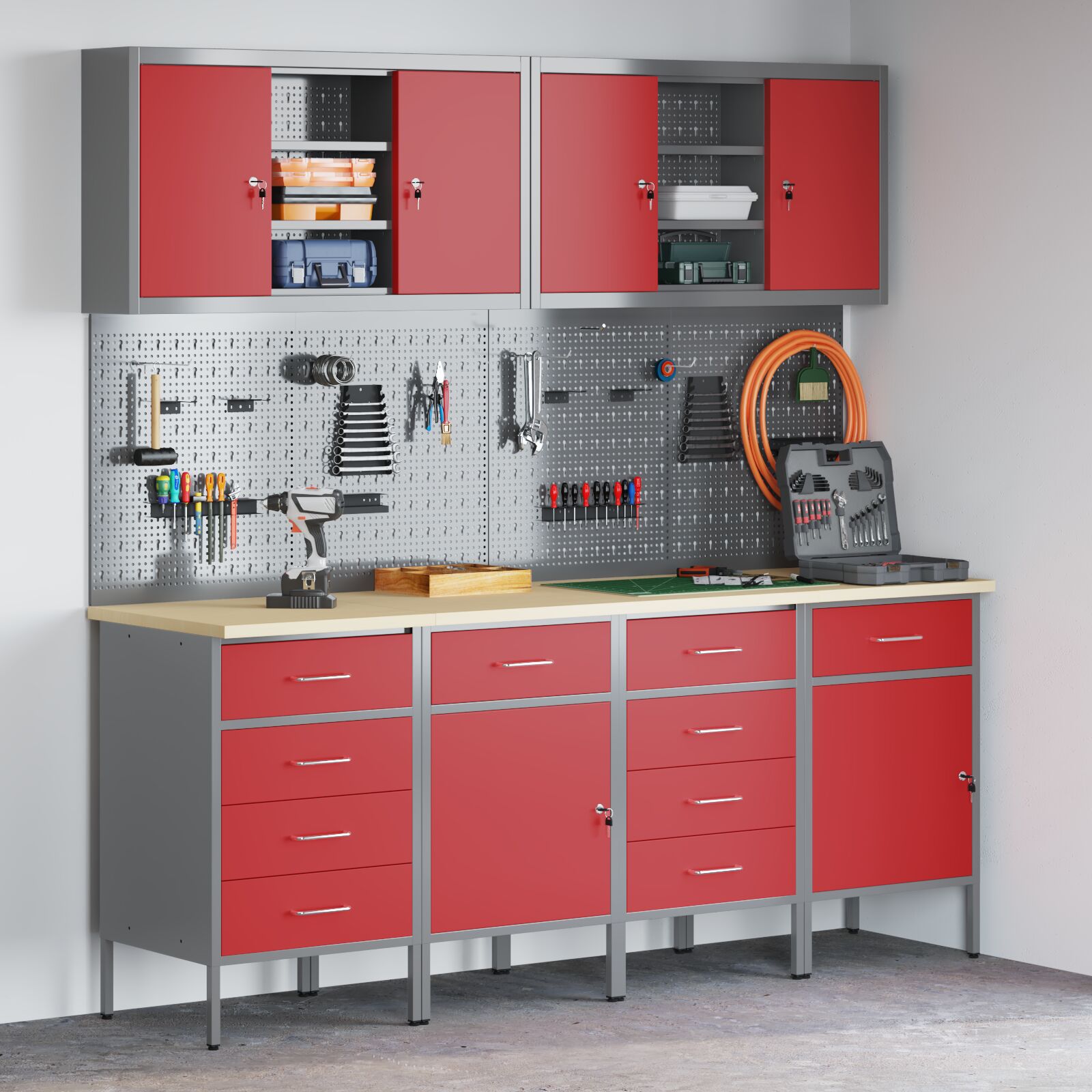 vidaXL 10-teiliges Set mit Arbeitsregal und Pegboard in Rot aus MDF und Metall