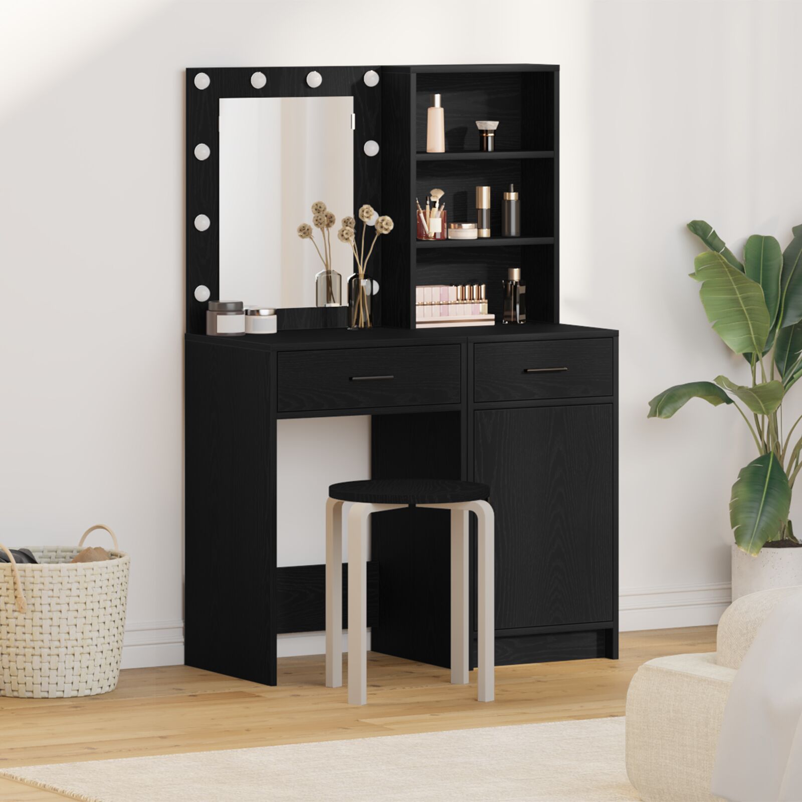 vidaXL 2-teiliges Schminktisch-Set mit LED in Schwarz aus Holzwerkstoff