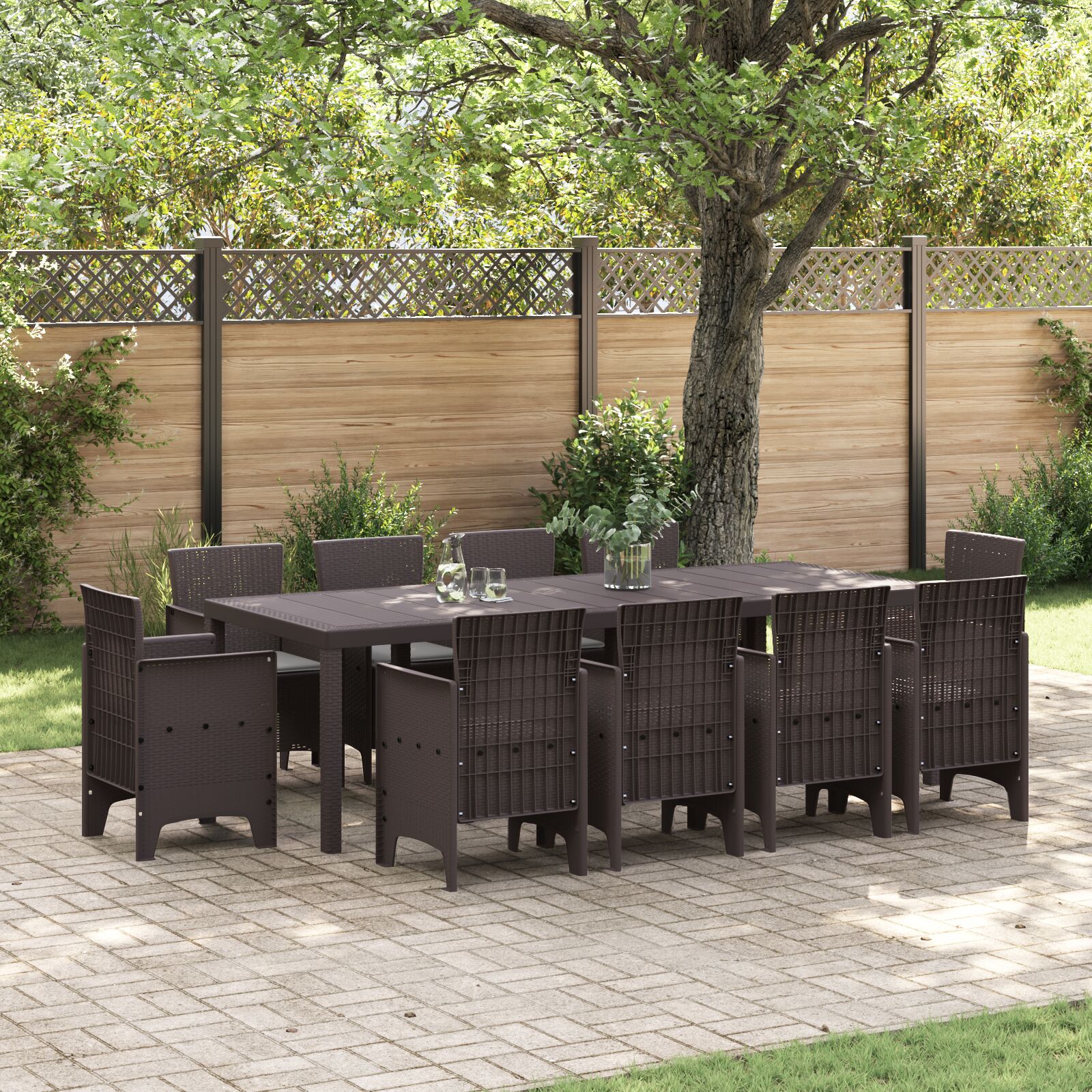 vidaXL 11-teiliges Garten-Essset mit Kissen Brauner Poly-Rattan