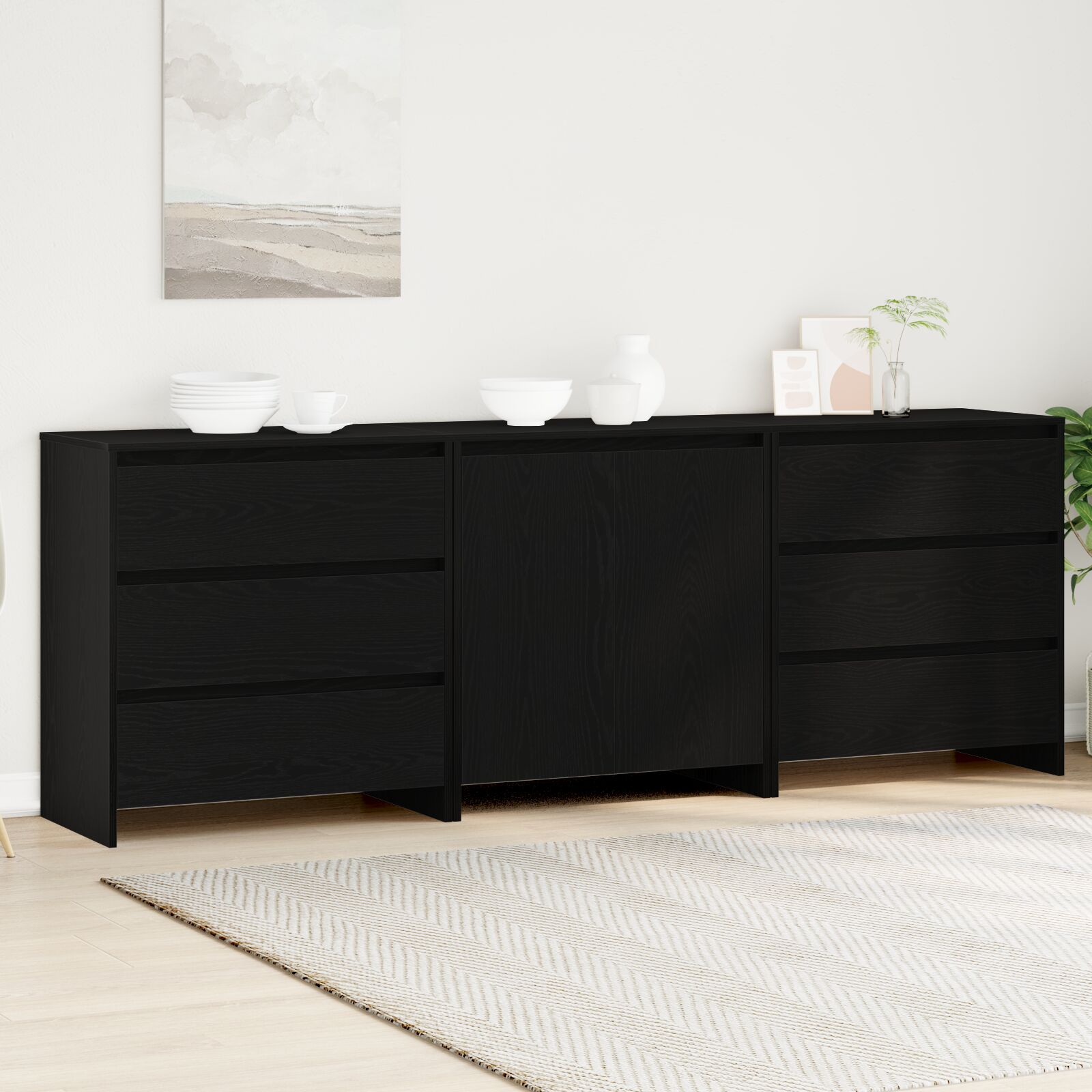 vidaXL 3-teilige Sideboards aus schwarzem Holzwerkstoff