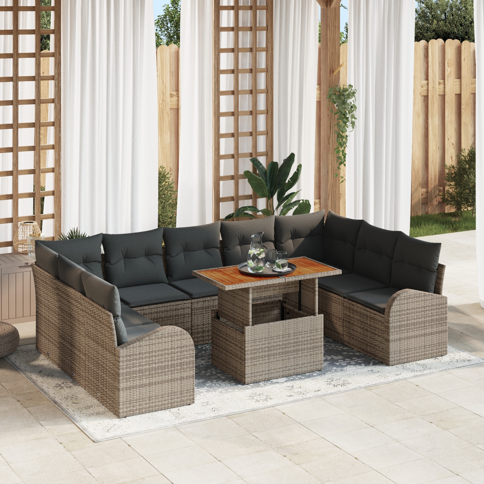 vidaXL 10-teilige Garten Sofa Set mit Kissen Grau Poly Rattan, vidaXL 2-Sitzer Garten Sofa mit Stauraum & Kissen Grau Poly Rattan