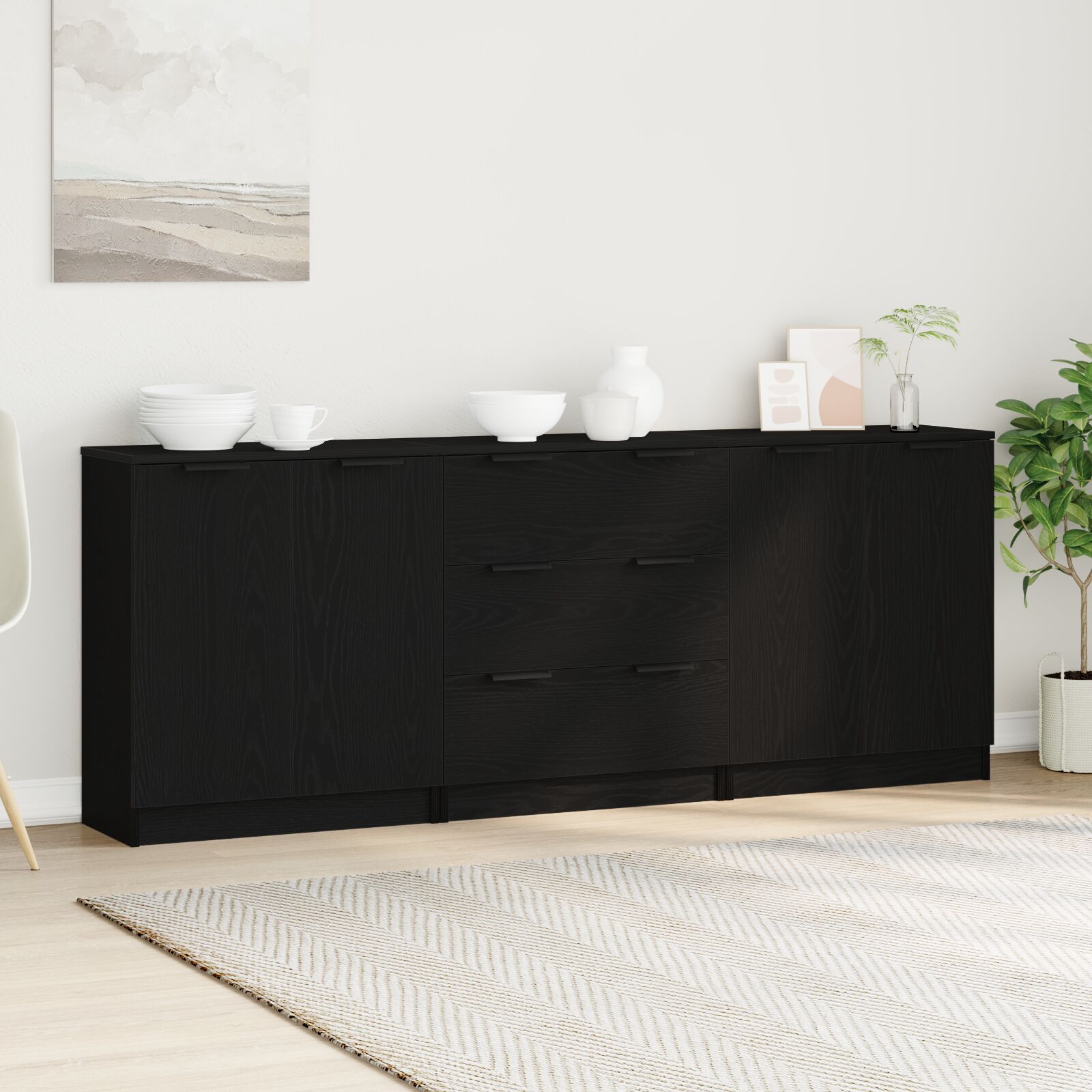 vidaXL 3-teilige Sideboards aus schwarzem Eichenholzwerkstoff