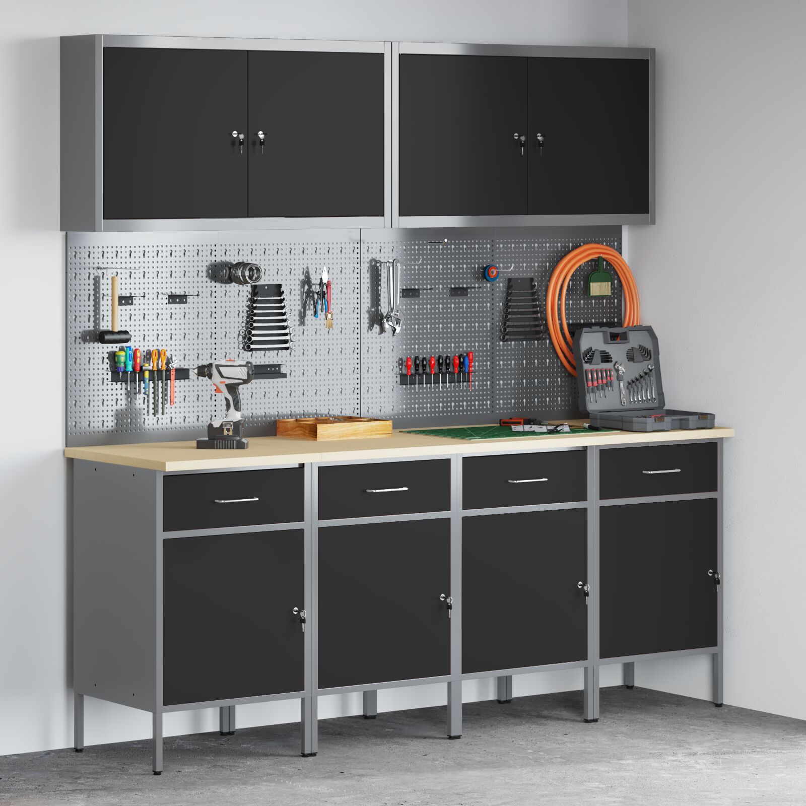 vidaXL 10-teiliges Arbeitskabinet und Pegboard-Set in Schwarz aus MDF und Metall